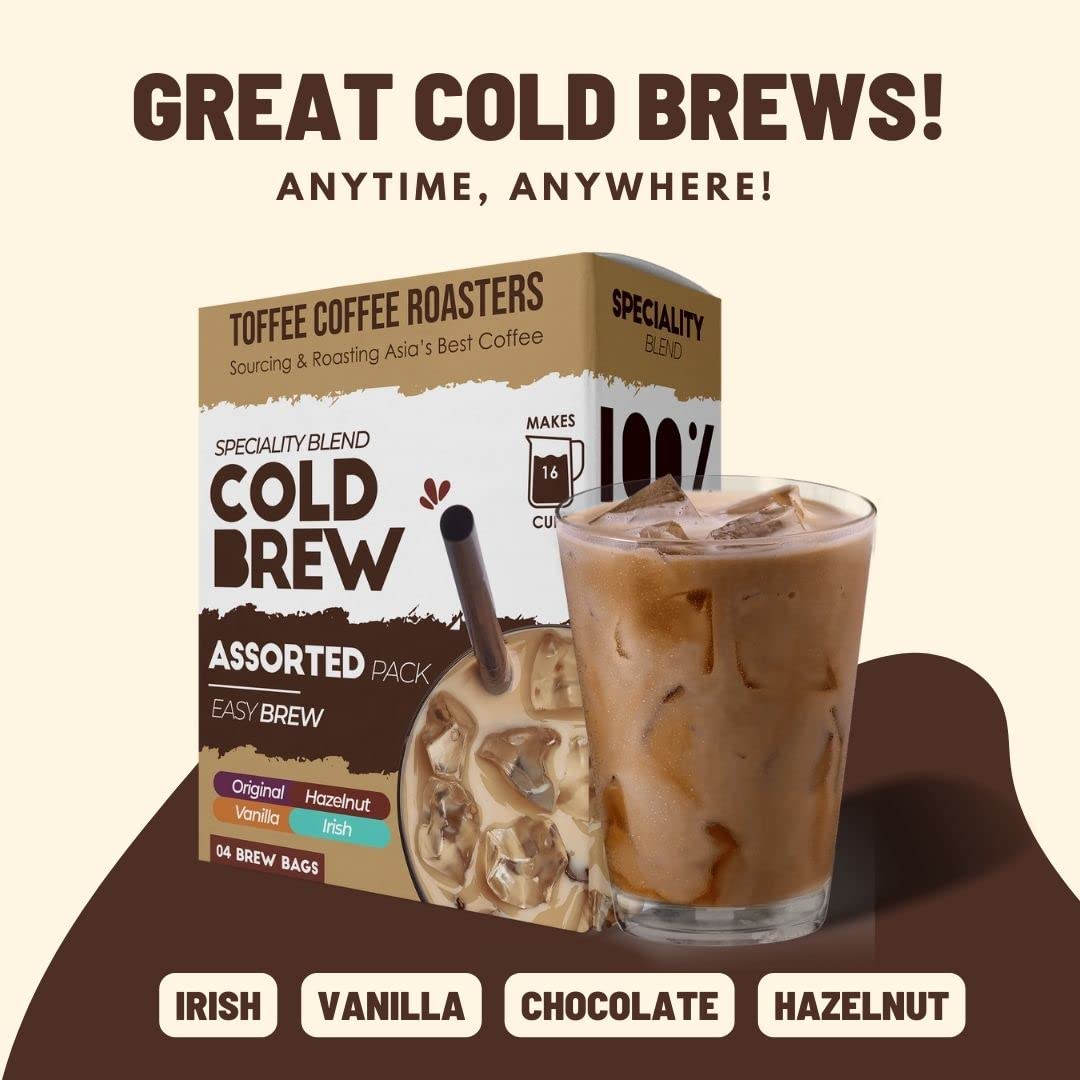 Toffee Coffee Roasters | Assorted Cold Brew Bags| As Seen On Shark Tank | Easy Brew Cold Brew Coffee | Pack of 4 Bags | 100% Arabica Grounded Coffe | Makes 16 Cups