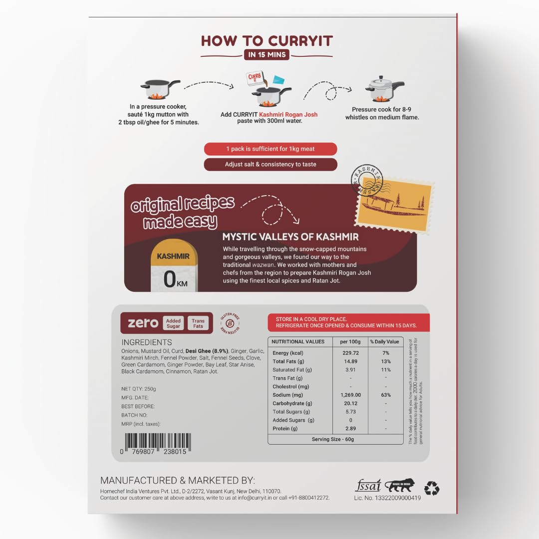 CURRYiT Kashmiri Rogan Josh Curry Paste 250g | Ready to Cook in 15 mins | Serves 6 | Just add Fresh Mutton, Chicken, Meat, Fish | Made with Ghee | No Preservatives | Eat with Khameeri Roti | Indian Masala Gravy