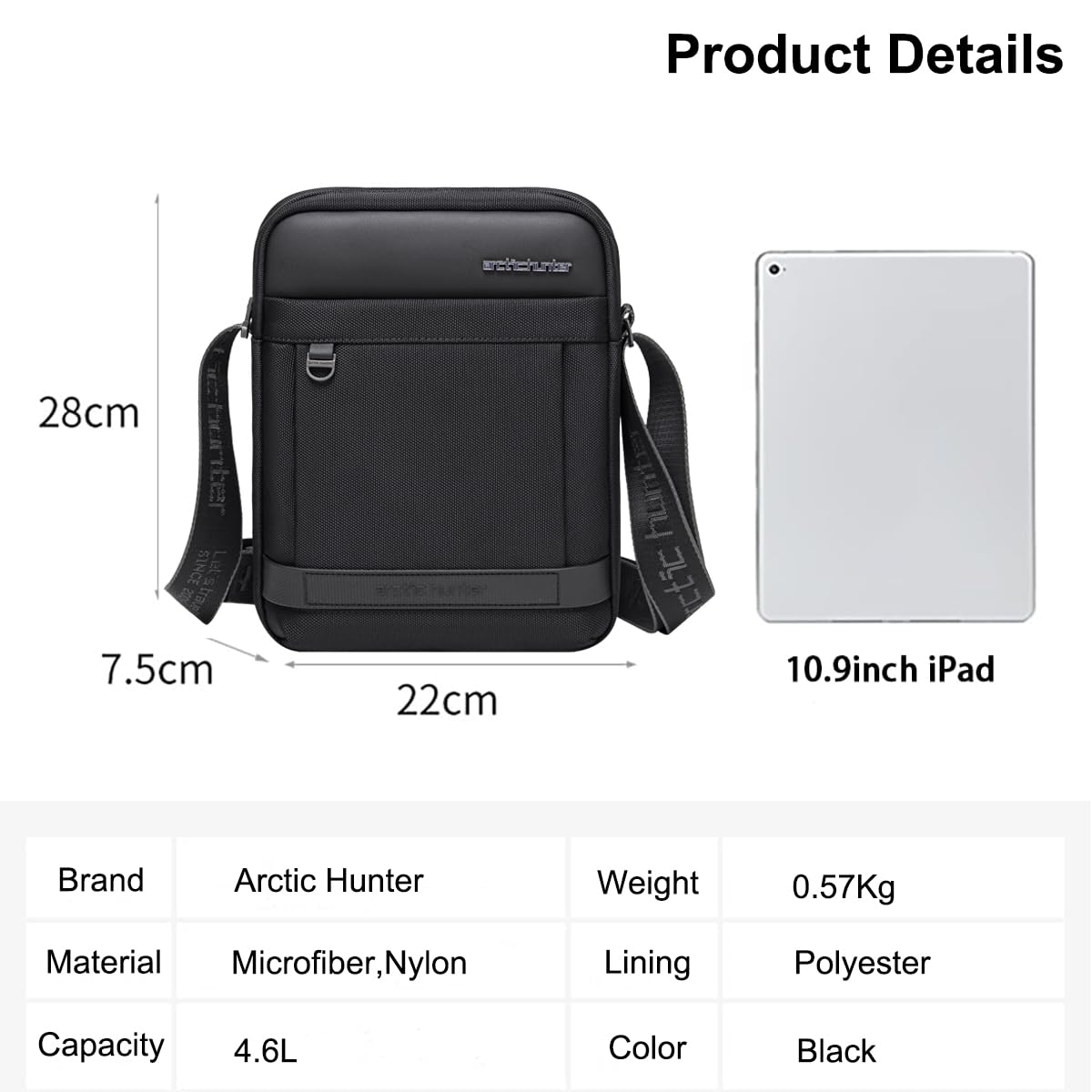 Arctic Hunter Sling Bag for Men Large Side Bag for 10.9" iPad 1680D Premium Polyester Messenger Bag Water-resistant Multi-pocket One Shoulder Crossbody Bag for Travel Office Business College,Black