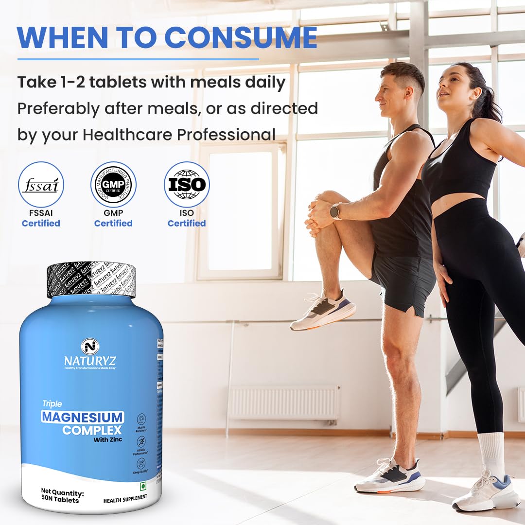 NATURYZ Triple 3-in-1 Magnesium Complex 1736mg (Glycinate, Aspartate & Oxide) with Zinc for Maximum Absorption | Supports Stress Relief, Sleep, Muscle Recovery, Nerves, Joints & Cognition - 50 Tablets