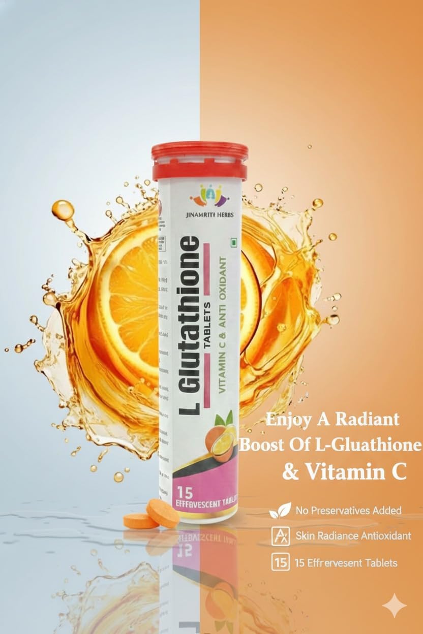 JINAMRITH Herbs L-Glutathione Effervescent Tablets with Vitamin C & E – 15 Tablets (Orange Flavour)