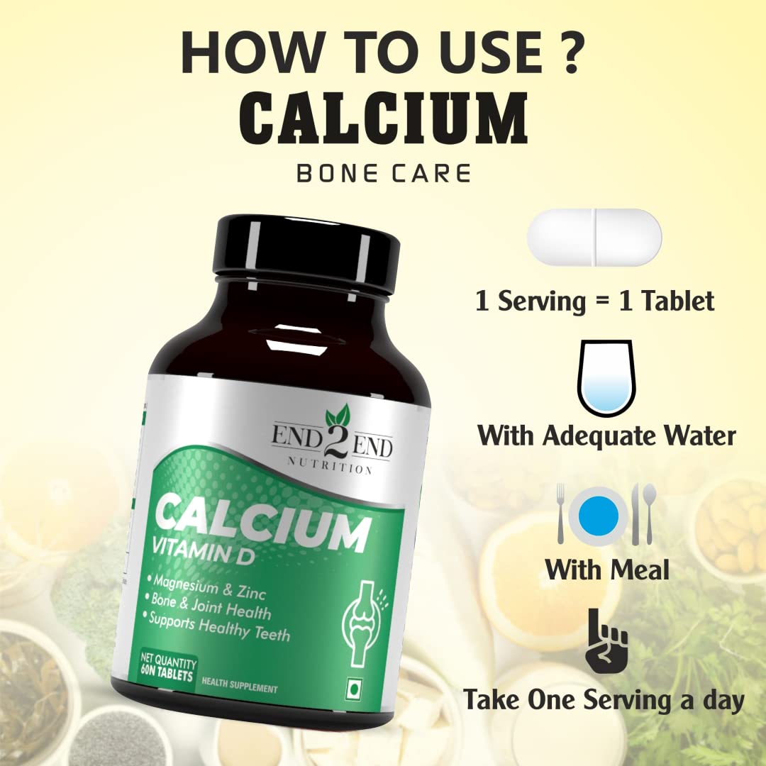 End2End Nutrition Calcium Tablets for Men and Women with Magnesium Zinc Vitamin D for complete bone health & Joint Support - 60x2 Tablets