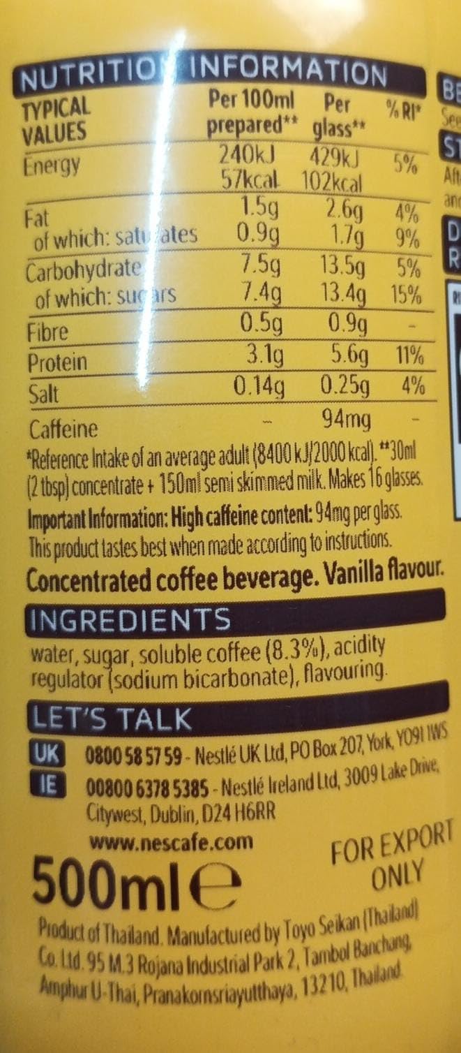 NESCAFE Espresso Concentrated Iced Vanilla Coffee Mix, 500ml Bottle, Fervor 16 Servings, Easy to Prepare Cold Coffee with Rich Espresso Base, Made in Thailand