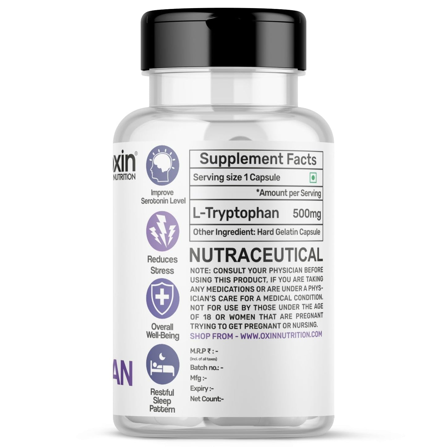 Oxin Nutrition L Tryptophan 500mg Capsule (120 Capsules)- image 7