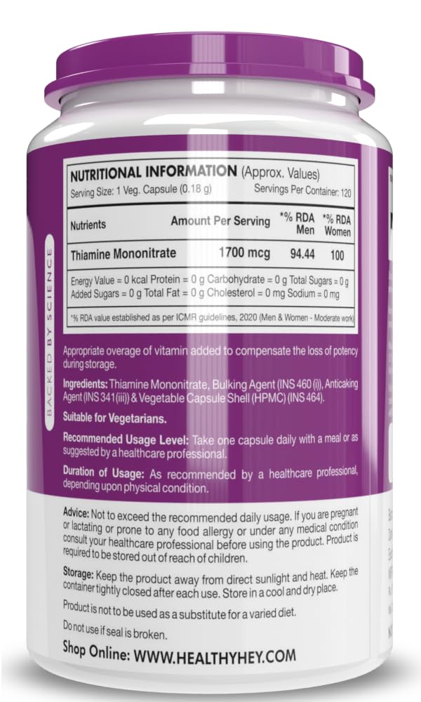 HealthyHey Nutrition Vitamin B1 Thiamine 1700 mcg - 120 Veg Capsules- image 9