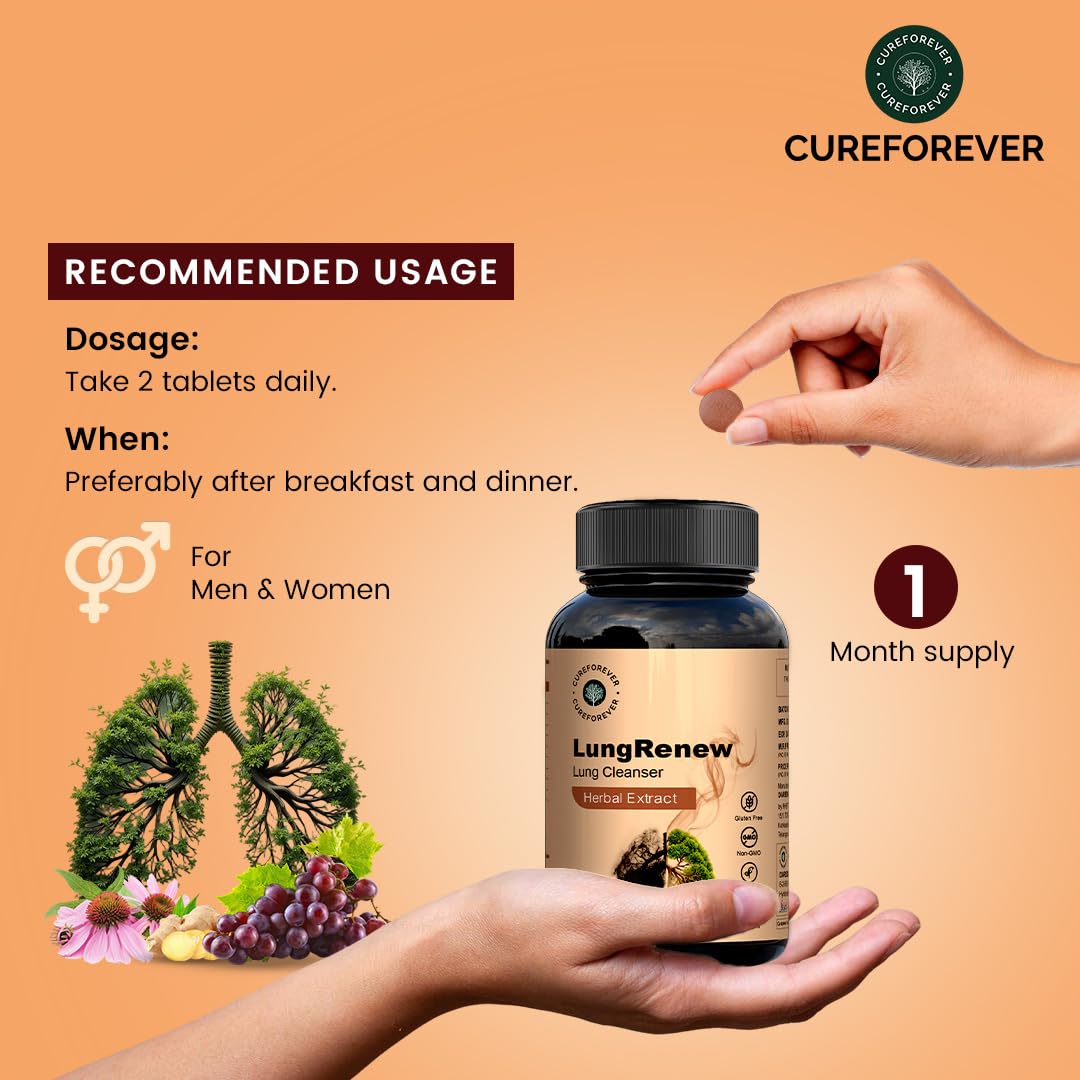 CUREFOREVER Lung Renew Lungs Detox Tablets | Natural Cleanse for Pollution, Smoking & Respiratory Health with Echinacea, Ginger, Zinc, Herbal Cleanse Blend, Antioxidant Support for Men & Women โ 60 Tablets