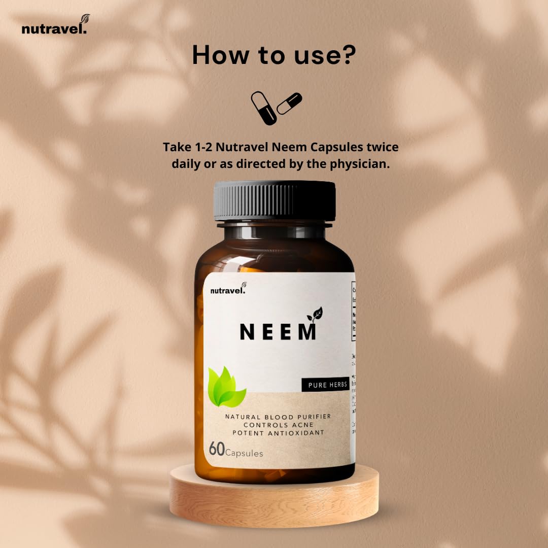 Nutravel Healthcare | Neem Capsules, 500 mg, Natural Blood Purifier, Controls Acne, Potent Antioxidant Pack of 60