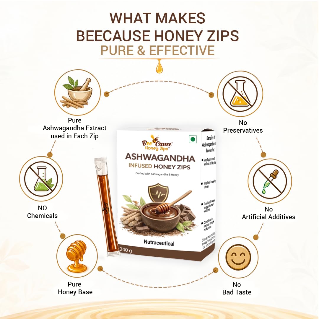 BeeCause Ashwagandha Infused Honey Zips (30 Zips) | Ayurvedic Stress Relief Honey | Ashwagandha Honey Sticks for Relaxation, Focus, Energy, Stamina & Immunity | Travel Friendly | 240g