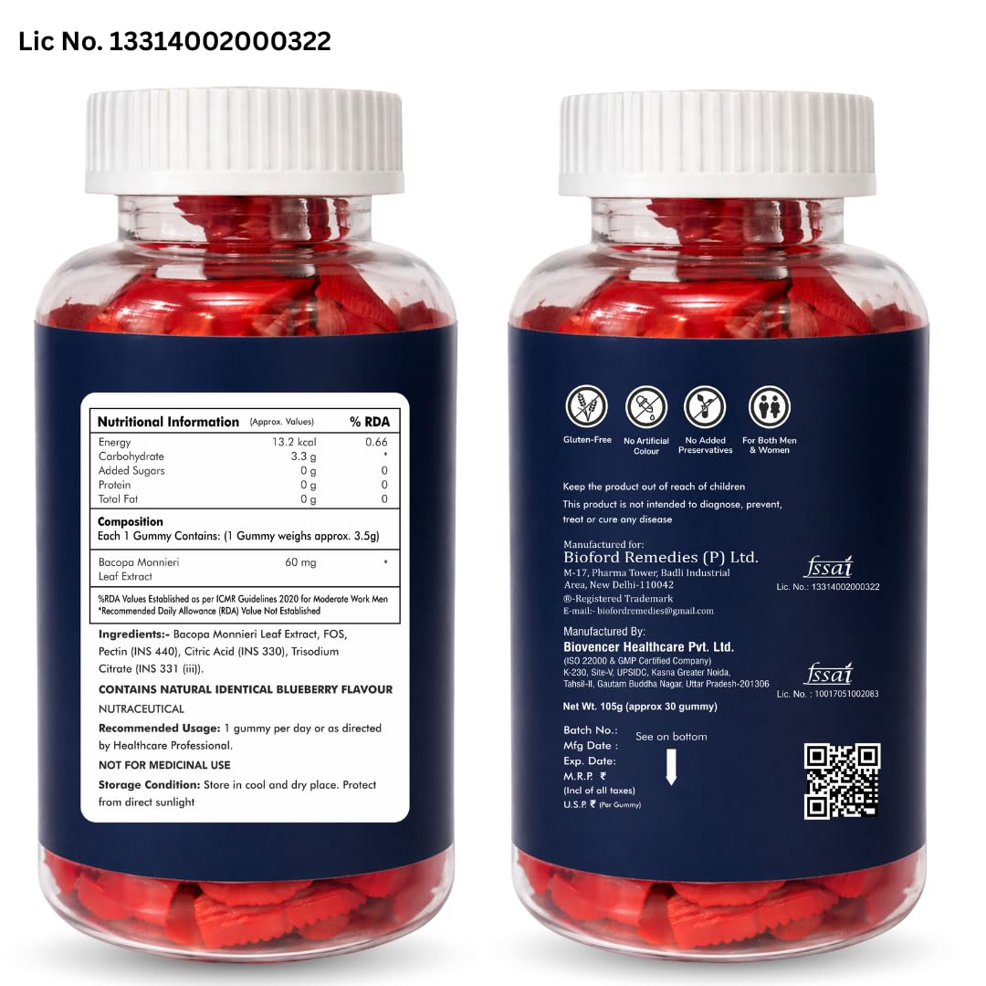 Bioford Brain Booster Gummy Bacopa Monnieri Boosts Memory, Focus & Concentration Brain Fog Support Improve Quality of Life Bacopa monneieri