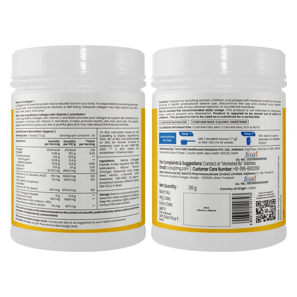 TATA 1mg Marine Collagen Powder | Fortified with Grape Seed Extract for Enhanced Results | Supports Skin, Hair & Nails | With Collagen Peptide for Hydration & Strength | Unflavored, 210g