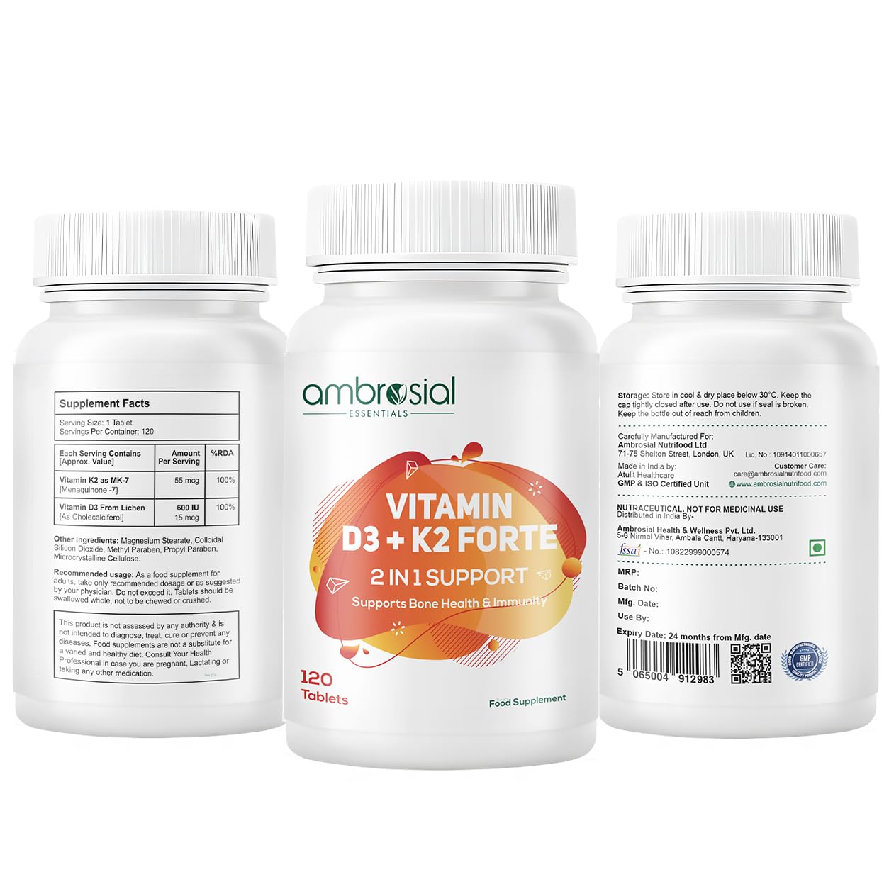 Ambrosial Vitamin D3 K2 Forte 120 Tablets | Vitamin D 3 k 2 Supplement for Bone, Heart & Immune Health Vitamin D3 (600 IU) with MK-7 Vitamin K2 | Plant-Based High Absorption Daily supplements