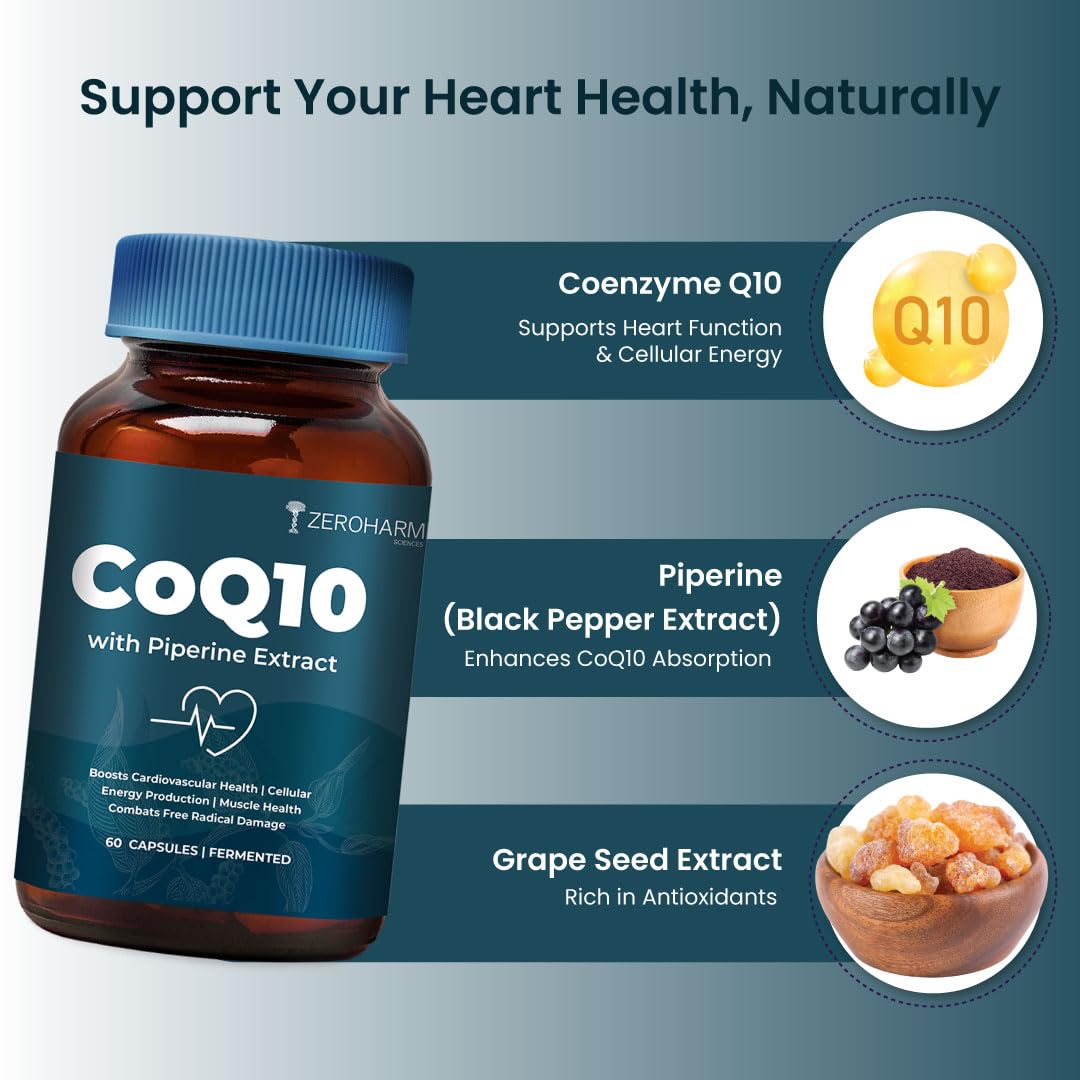 ZEROHARM CoQ10 250 mg with Piperine & Grape Seed Extract - High Absorption-Fermented Coenzyme Q10 Supplement- Antioxidant Support For Men & Women - 60 Veg Capsules