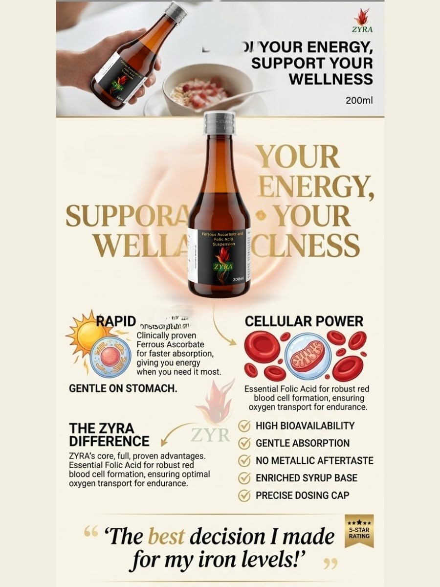 RITE AID HEALTH CARES ZYRA Ferrous Ascorbate & Folic Acid Suspension | Iron Supplement Syrup to Help Support Energy & Wellness | Gentle Formula with High Bioavailability (200ml)