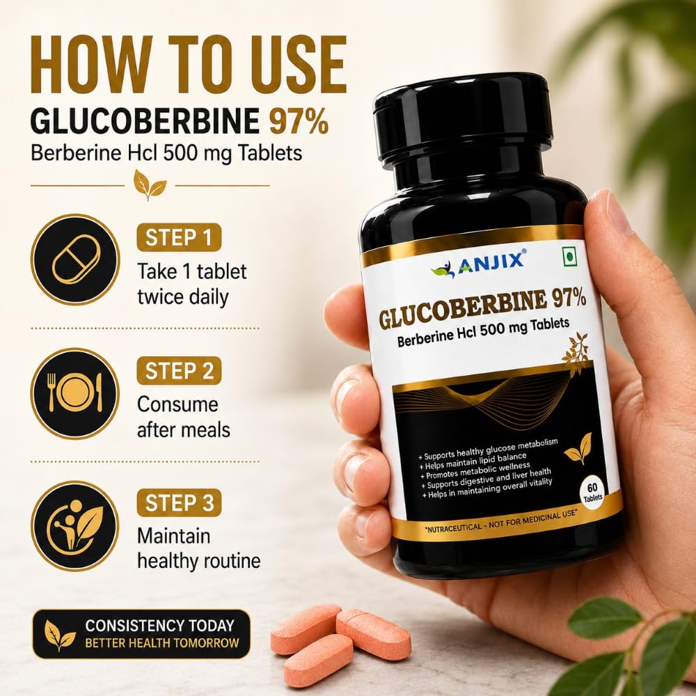 Anjix Berberine HCL 97 Percent Tablets | 500 mg Herbal Supplement for Metabolism Support Digestive Wellness | 60 Tablets Pack