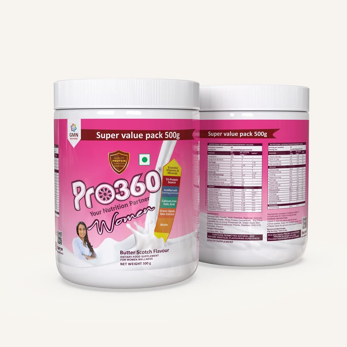Pro360 Women Protein Rich Nutritional Supplement Enriched Calcium, Iron for Stronger Bones and Improved Haemoglobin β 25 Essential Nutrients with Evening Primrose β Butterscotch (500+500) g Pack of 2