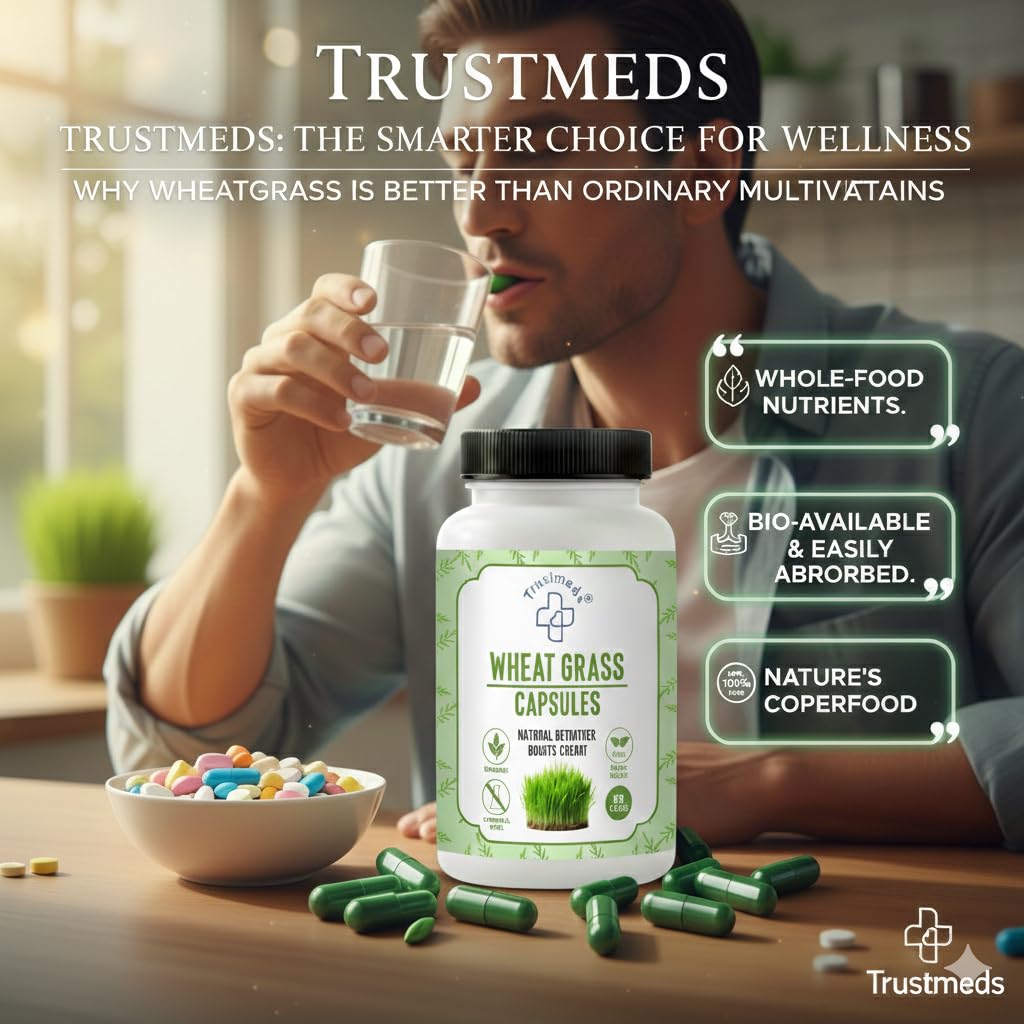 Trustmeds Wheat Grass Capsules (60 Count) | 100% Organic & Plant-Based Immunity Booster | Natural Detoxifier for Digestion, Energy & Stamina | For Glowing Skin & Healthy Hair | Non-GMO & Chemical Free