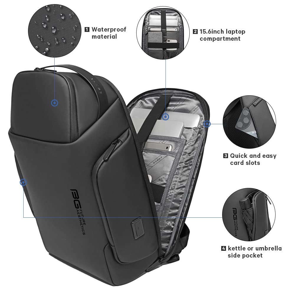 BANGE Smart Business Backpack with USB charging Port,Lightweight Work Backpack for Men and Women, Black, Medium, Style