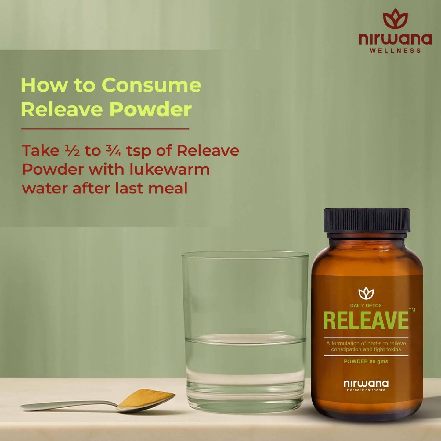 Nirwana Releave Powder for Constipation,Gas, Acidity & Bloating Relief | Natural Herbal Gut Cleanse & Detox | Soothes Digestive Tract | No Cramps or Diarrhoea | 100% Herbal Formula | 80g (Pack of 2)