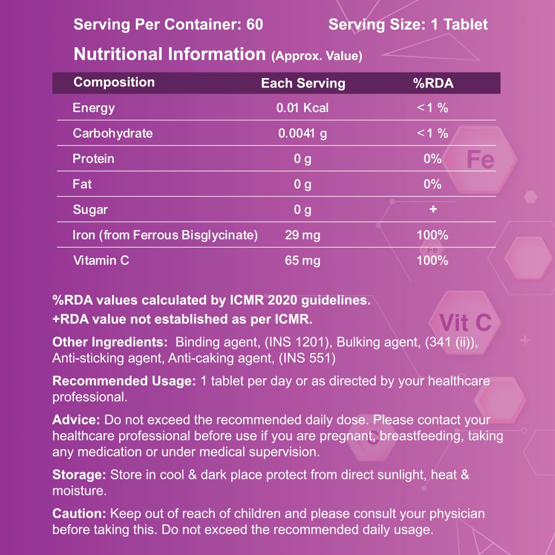 CUREFOREVER Iron Tablets for Women with Vitamin C โ High Absorption Chelated Iron Supplement for Hemoglobin, Anemia, Energy & Fatigue Support โ 60 Veg Tablets