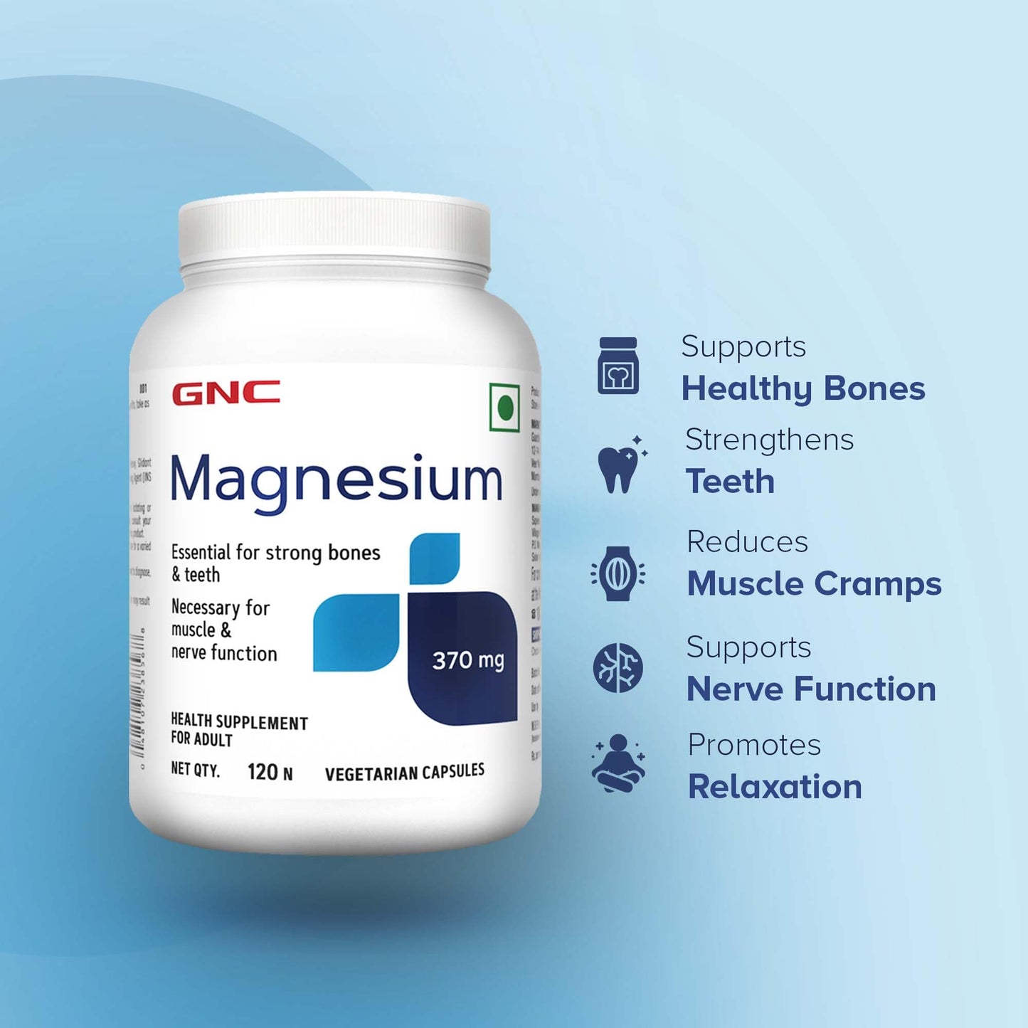GNC Magnesium 370mg | 120 Veg Capsules | For Bone Strength, Muscle & Nerve Function, Stress Relief, Improved Sleep, Mood Elevation, Essential Mineral for Calcium Absorption & Cell Function