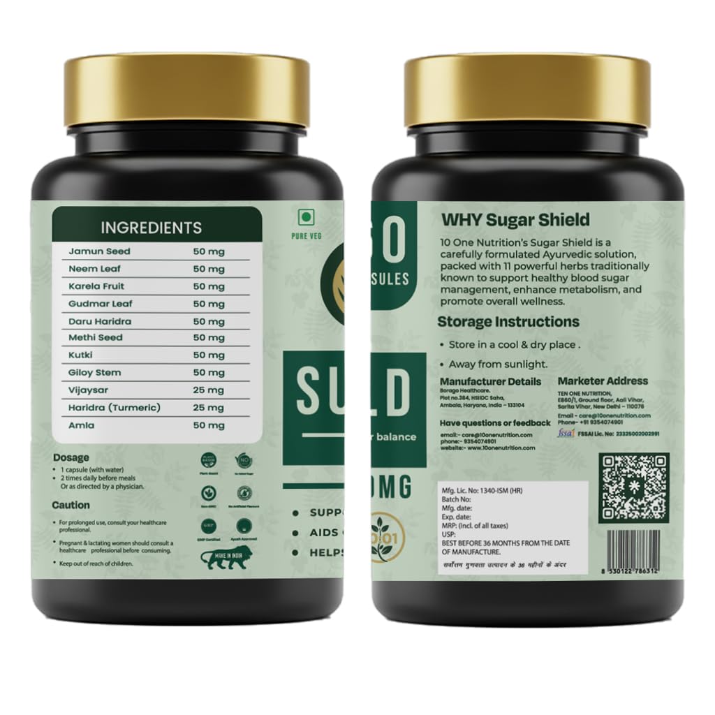 10 One Nutrition Sugar Shield 500mg | Helps Manage Blood Sugar Levels With Karela, Jamun & Gudmar & 8 more herbs | 100% Ayurvedic Capsule with Powerful Herbs | 60 Veg Capsules