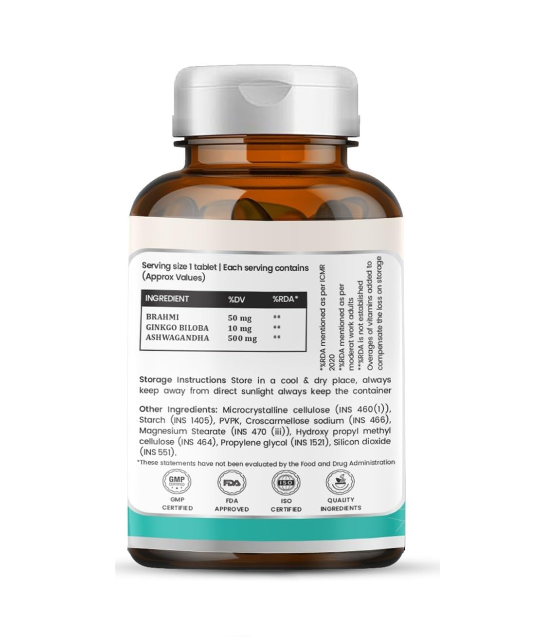 Premium Ginkgo Biloba Capsules with Brahmi & Ashwagandha – Brain, Memory & Focus Support Supplement - 60 Ayurvedic Tablets
