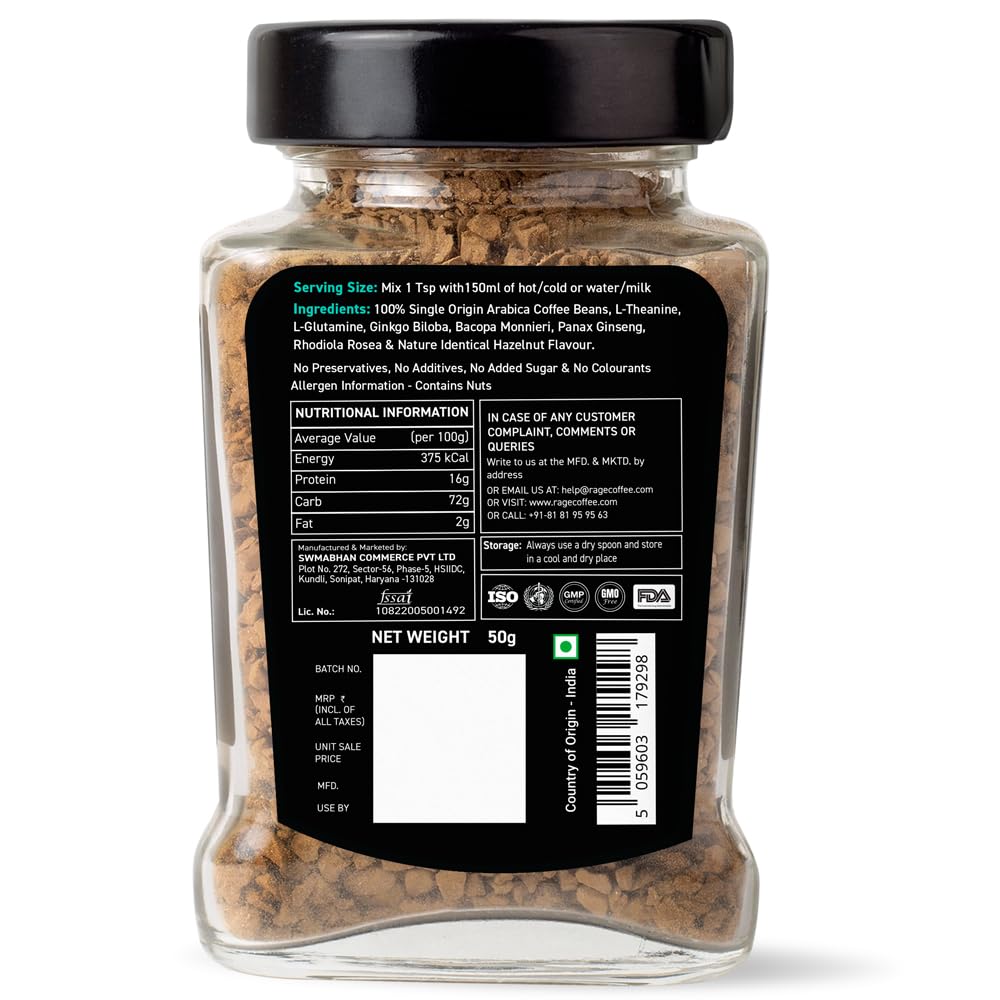 RAGE COFFEE Irish Hazelnut - Flavored Instant Coffee Powder for both Hot & Cold Coffee, 100% Single Origin Arabica Coffee Beans Powder (IRISH HAZELNUT, 50g)