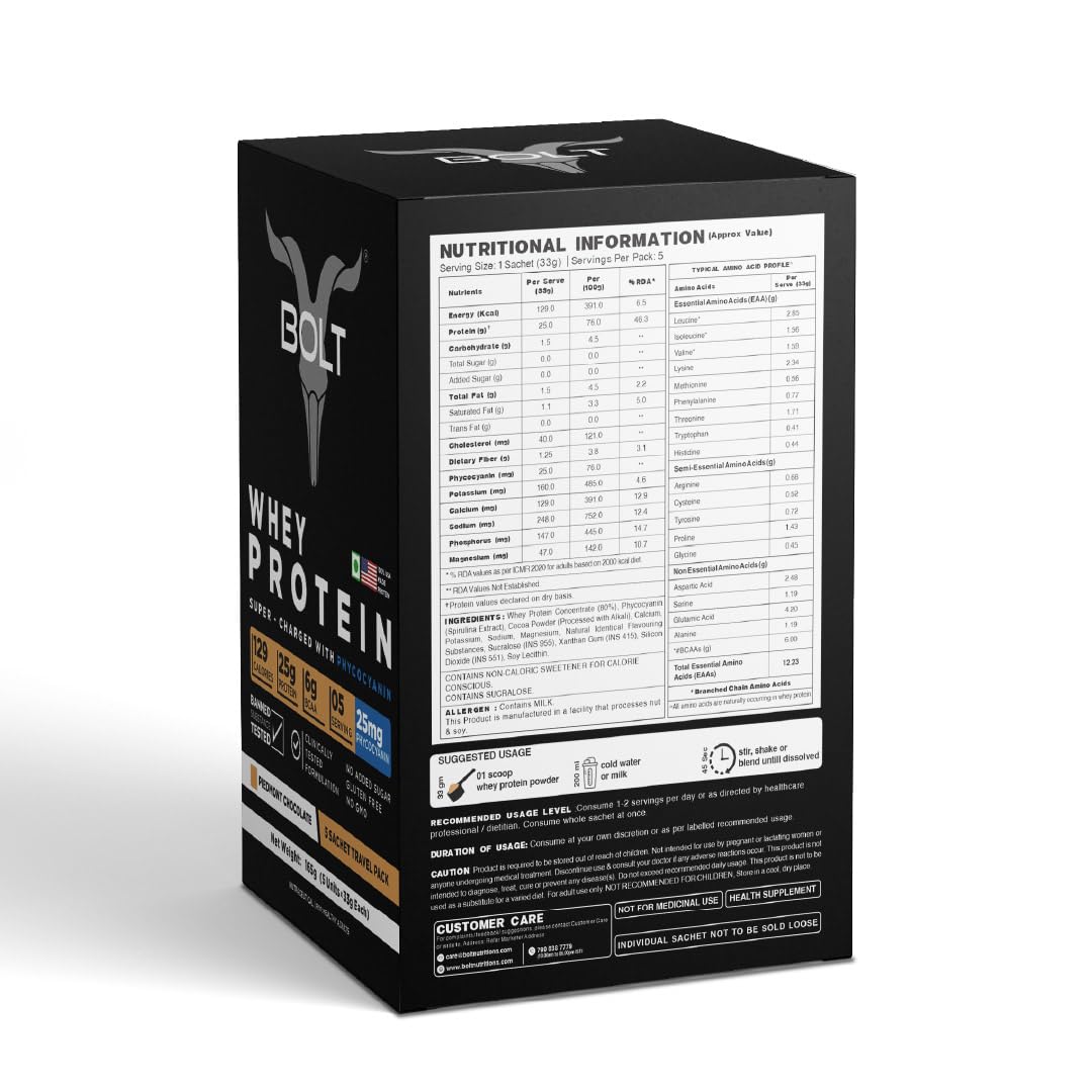 Bolt Whey Protein Protein Powder | 5 Sachet Travel Pack (5×33g) | Piedmont Chocolate | 25g Protein per Serving | 6g BCAA | Muscle Support & Recovery | No Added Sugar | Gluten-Free | Easy to digest