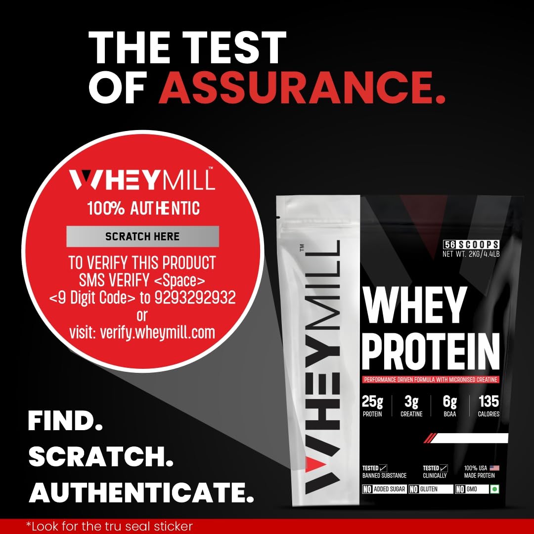 WHEYMILL 100% Whey Protein | 25g Protein, 3g Creatine, 6g BCAA | Easy Mixing, Low Carbs Whey Protein Supplement Powder with Creatine for Men, Women & Athletes (2 Kg/4.4lb | 56 Servings | Butterscotch)