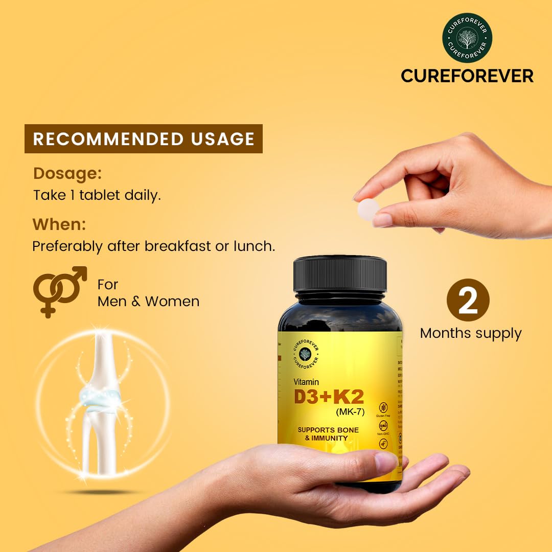 CUREFOREVER Vitamin D3 + K2 (MK-7) Tablets - Vegan Vitamin D Supplement Supports Bone & Immunity, Vitamin D3 K2 for Men & Women | High Absorption Vitamin D Tablets, 60 Days Serving