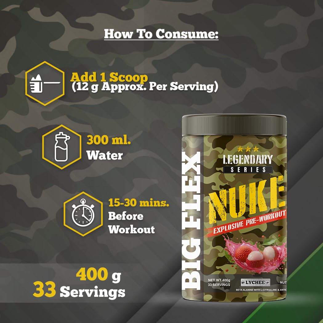 Bigflex Nuke Pre Workout Powder| 33 Servings |Energy Booster (Lychee, 400Gm)