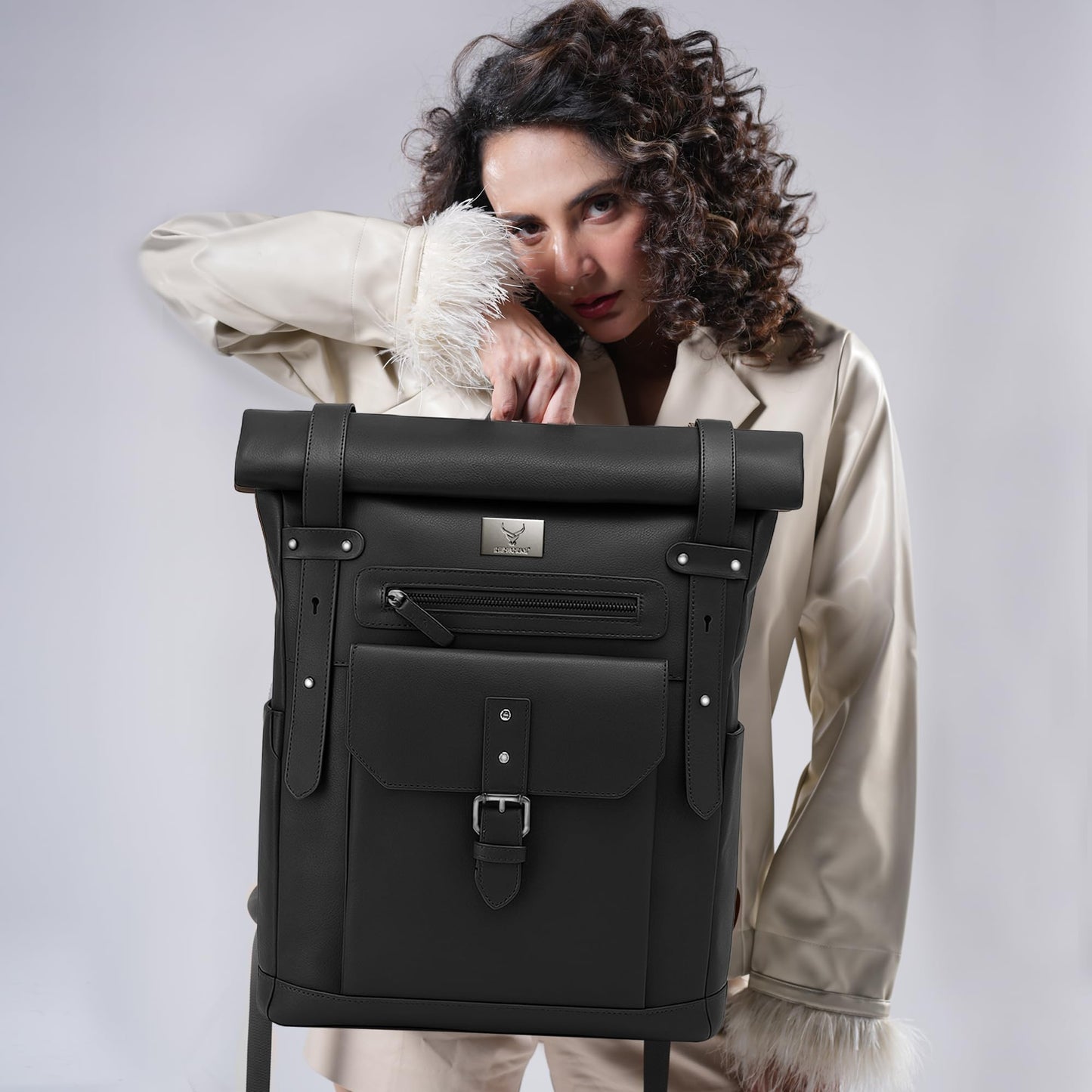 REDHORNS Urbane Pro Roll-Top Unisex Genuine Leather Backpack- 25L Backpack For Business, Office, Travel with Trolley Sleeve- Black