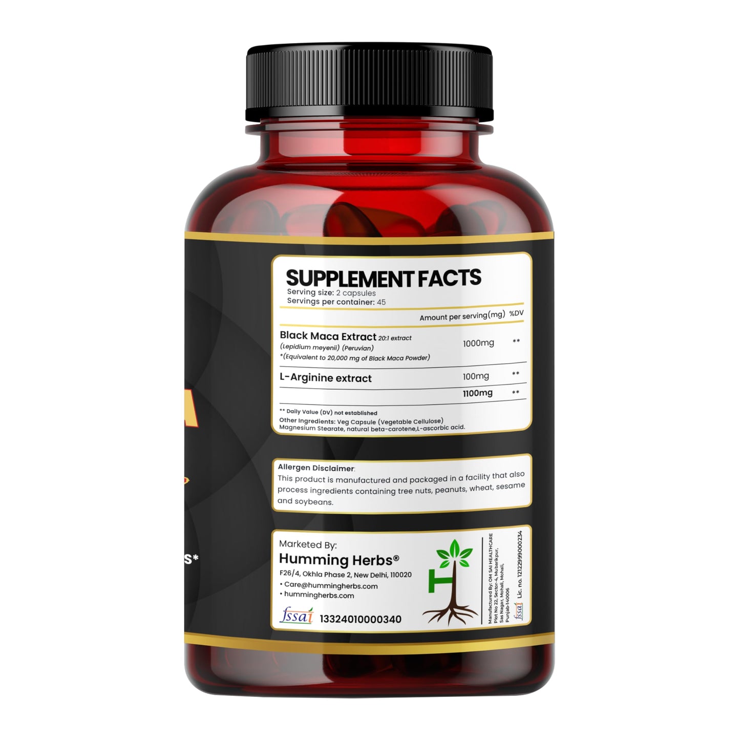 Humming Herbs Black Maca Root Extract 1300mg - Boosts Energy & Stamina, Supports Mood & Hormonal Balance - Men's & Women's Health Supplement