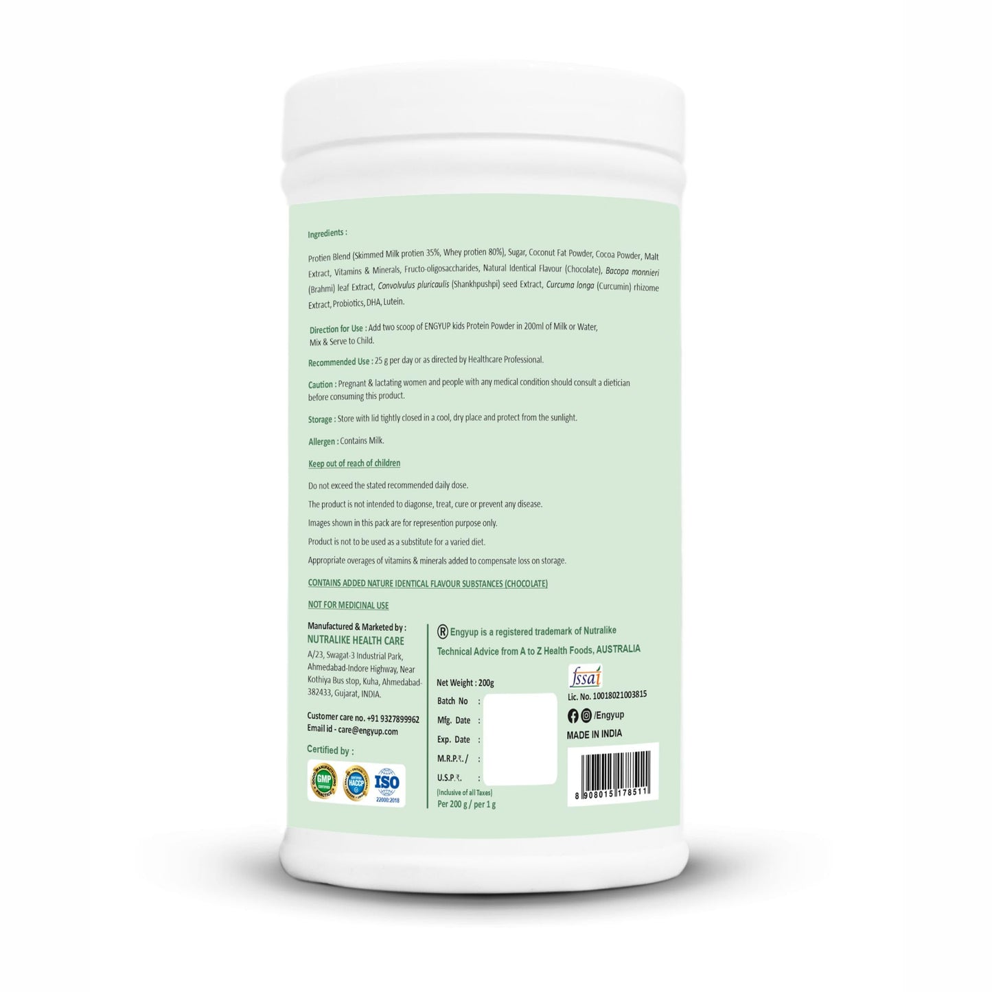 ENGYUP Kids Protein Powder | Nutritional & Health Supplement for growing Children | Quality Protein, DHA, Brahmi, Shankhpushpi, Curcumin, Pre & Pro-biotic | Chocolate Flavor | 200g