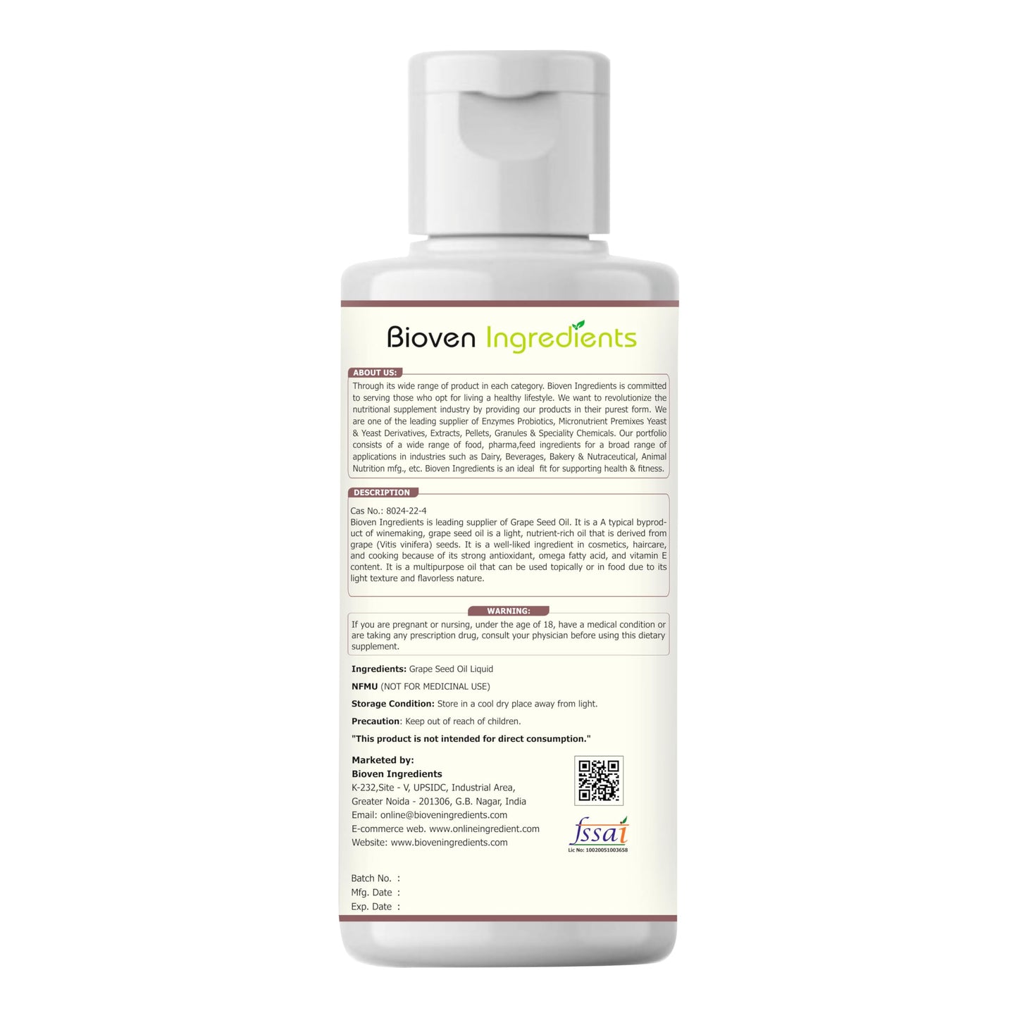 Grape Seed Oil – Premium Plant-Based Oil, Dietary Supplements, Fortified Foods & Nutritional Applications, 125ml