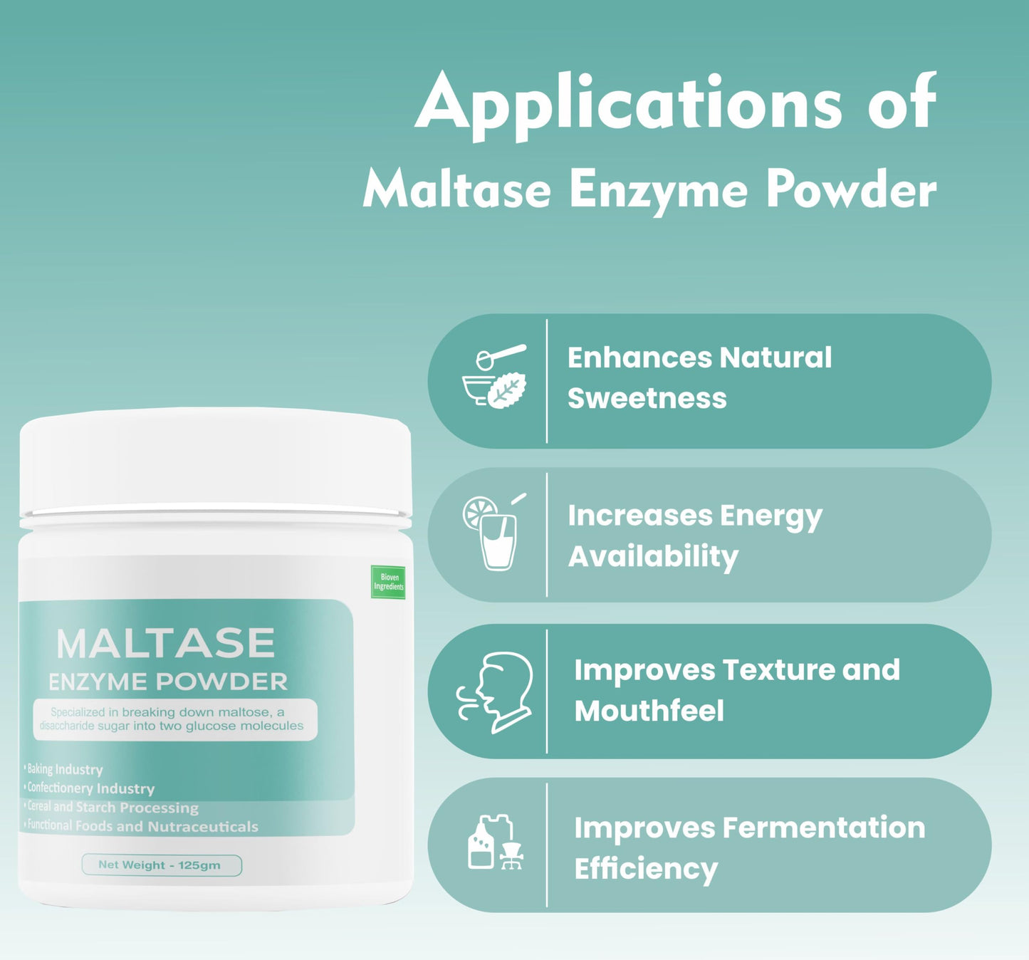 Bioven Ingredients Maltase Enzyme Powder, Non-GMO, Dietary Supplements/Food and Beverages, Broad pH Range of Activity, Excellent Thermostability, Hydrolyse Glucans, No Filters/Binder