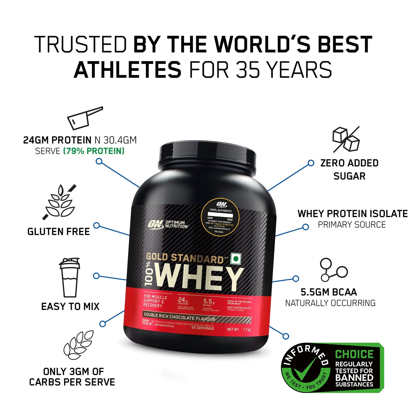 Optimum Nutrition (ON) Gold Standard 100% Whey Protein Powder 1.7 Kg (D- image 9
