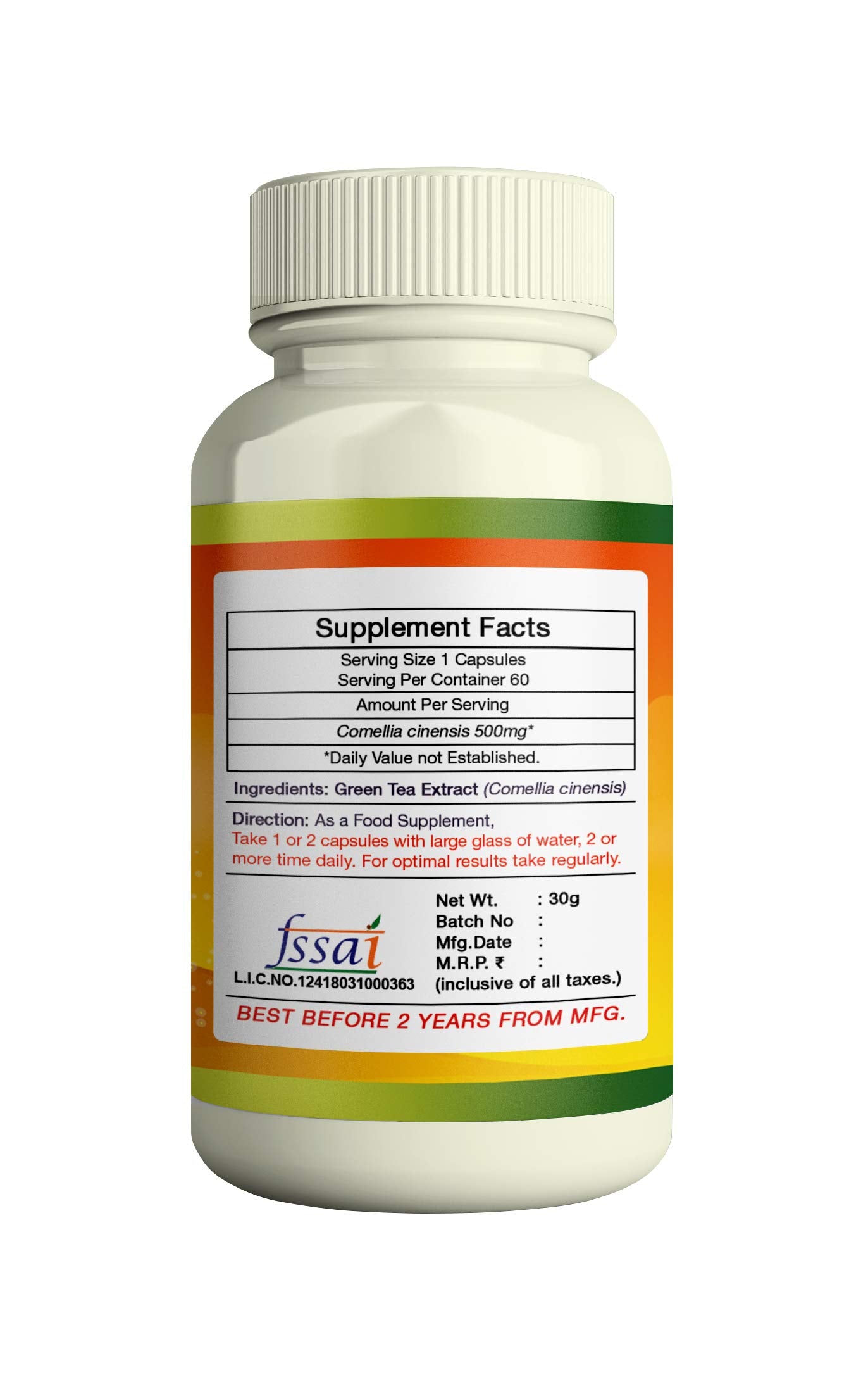 ERBZENERG Green Tea Extract (Camellia sinensis)500mg 60 Capsules (Pack of 1)
