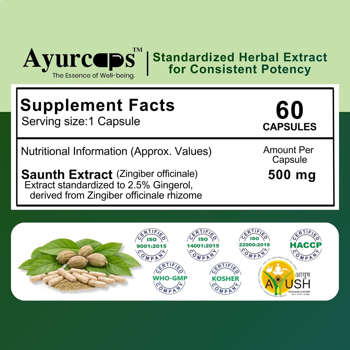 Ayurcaps Saunth (Dry Ginger) 500mg Capsules | 60 Veg Capsules | Ginger Herbal Supplement For Digestive Support, Metabolism Support And Immune Wellness | Plant-based Ayurvedic Formula For Men And Women