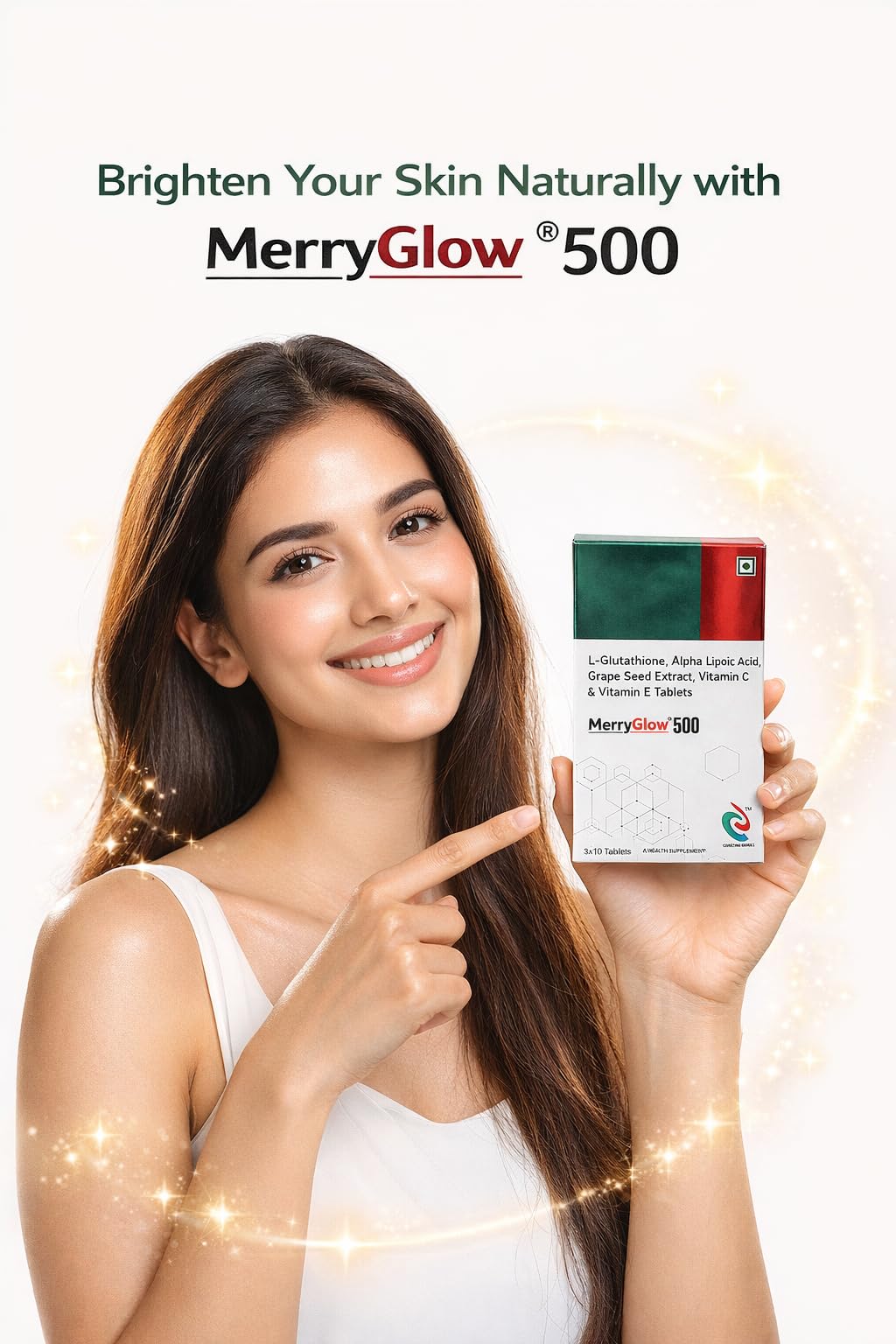 MerryGlow 500 Tablets with L-Glutathione, Alpha Lipoic Acid, Grape Seed Extract, Vitamin C & Vitamin E, 30 Tablets
