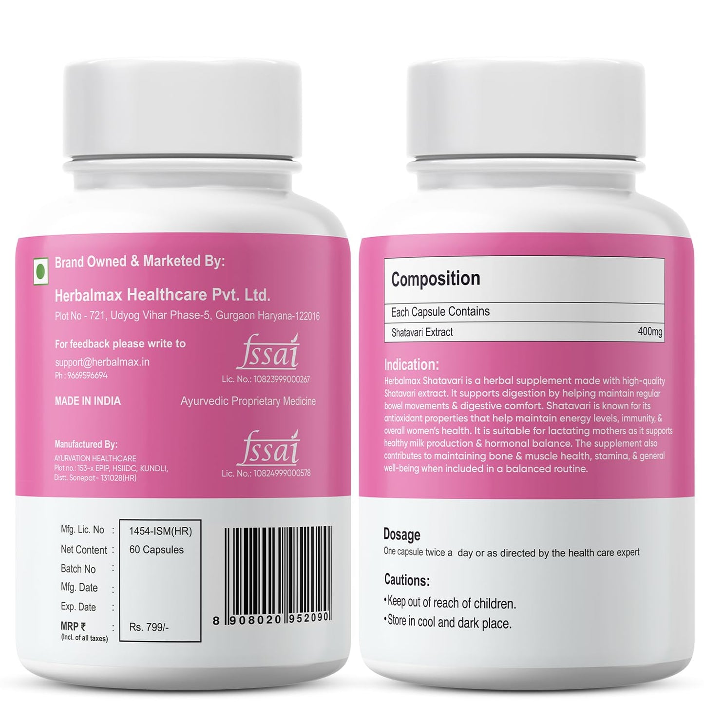 Herbalmax Shatavari 400 mg 60 Veg Capsules Pack of 3 – Ayurvedic Supplement for Women’s Health & Hormone Balance, Rich in Antioxidants, Boosts Immunity & Supports Bone & Muscle Strength