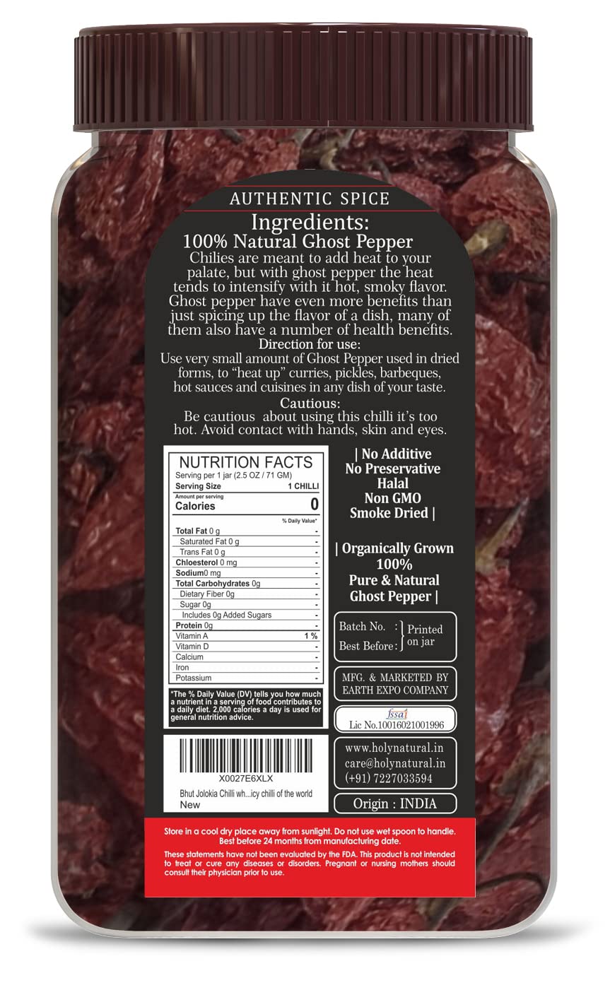Holy Natural Bhut Jolokia Chilli Whole - 71 gm | Ghost Pepper Pod, Hottest Whole | Smoked Dried & Spicy Chilli Of The World