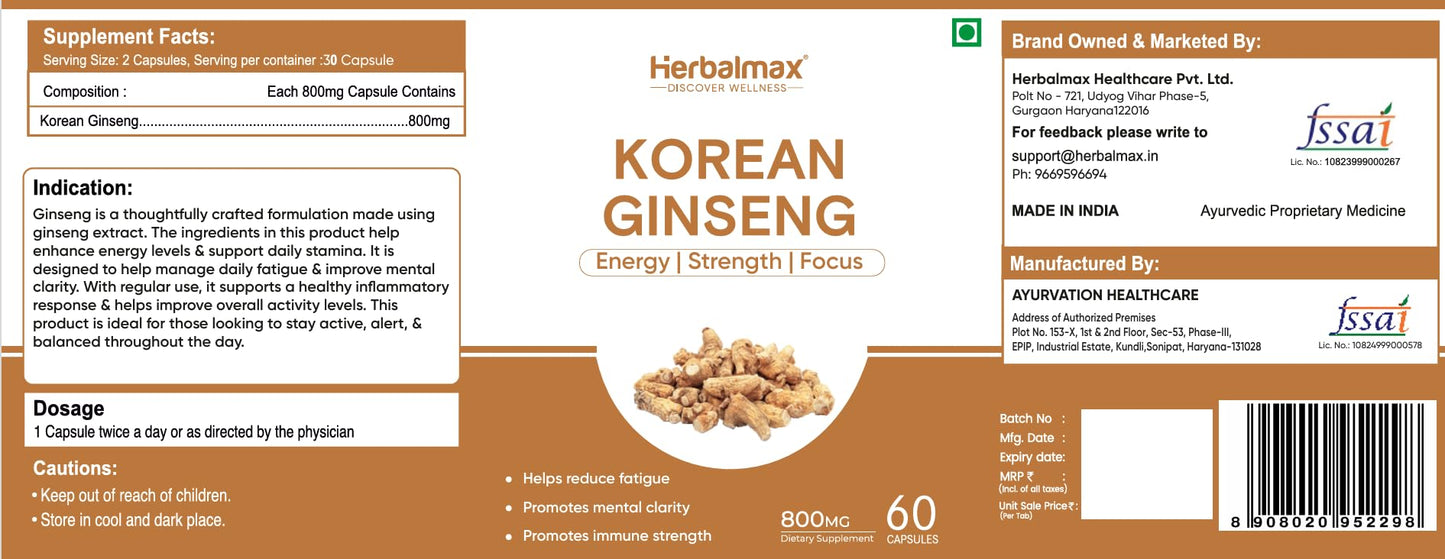 Herbalmax Korean Ginseng Capsules | Supports Immunity, Stamina & Energy | Natural Stress Relief & Vitality Booster Ayurvedic Supplement for Men & Women | Pack of 2, 60 Veg Capsules Each