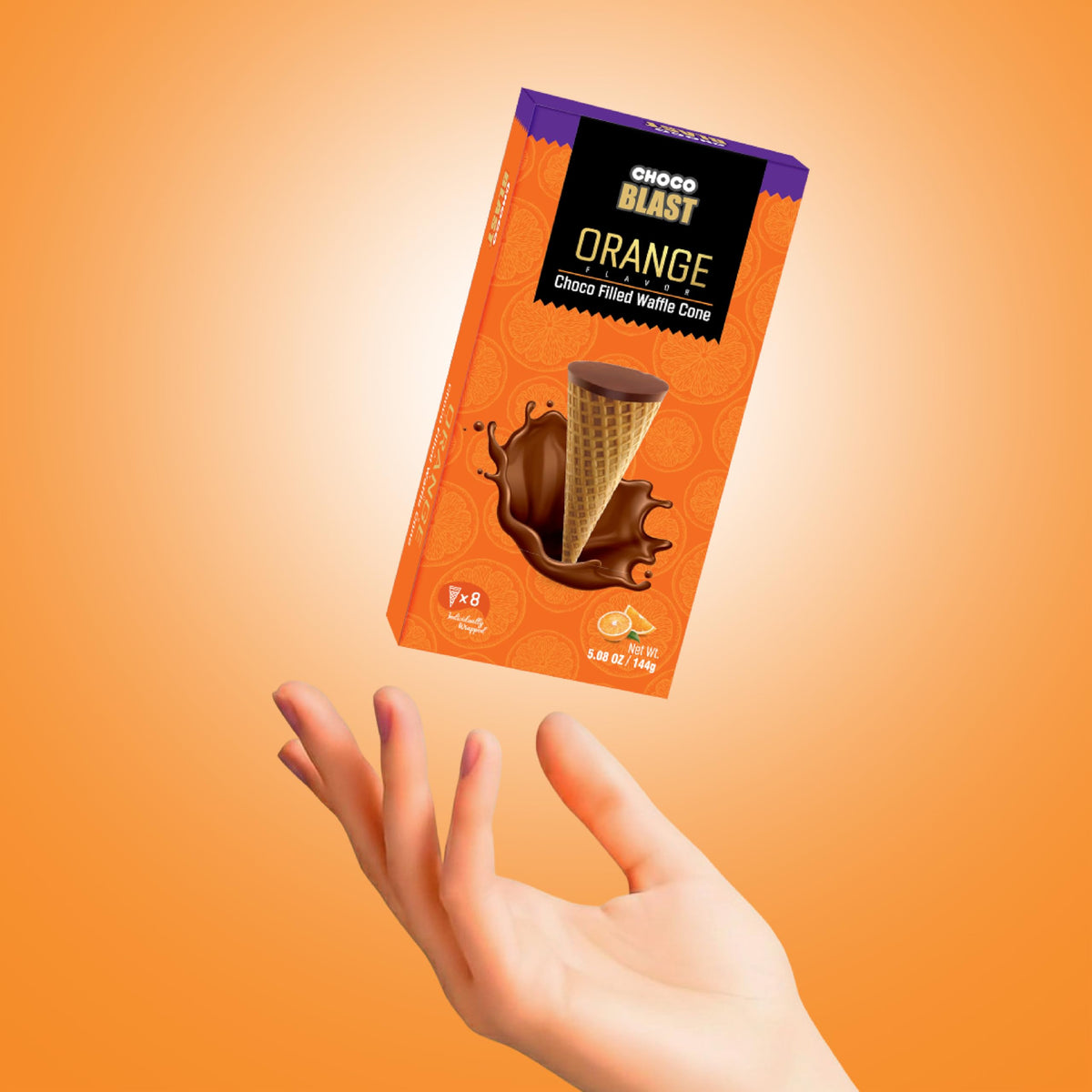 Pure Temptation® Chocoblast Mini Waffle Cone Chocolate Bites (8 Pcs) | Premium Birthday Chocolate Gift Pack for School Distribution, Snacks or Dessert | Kids Chocolate Box (Orange Flavoured)