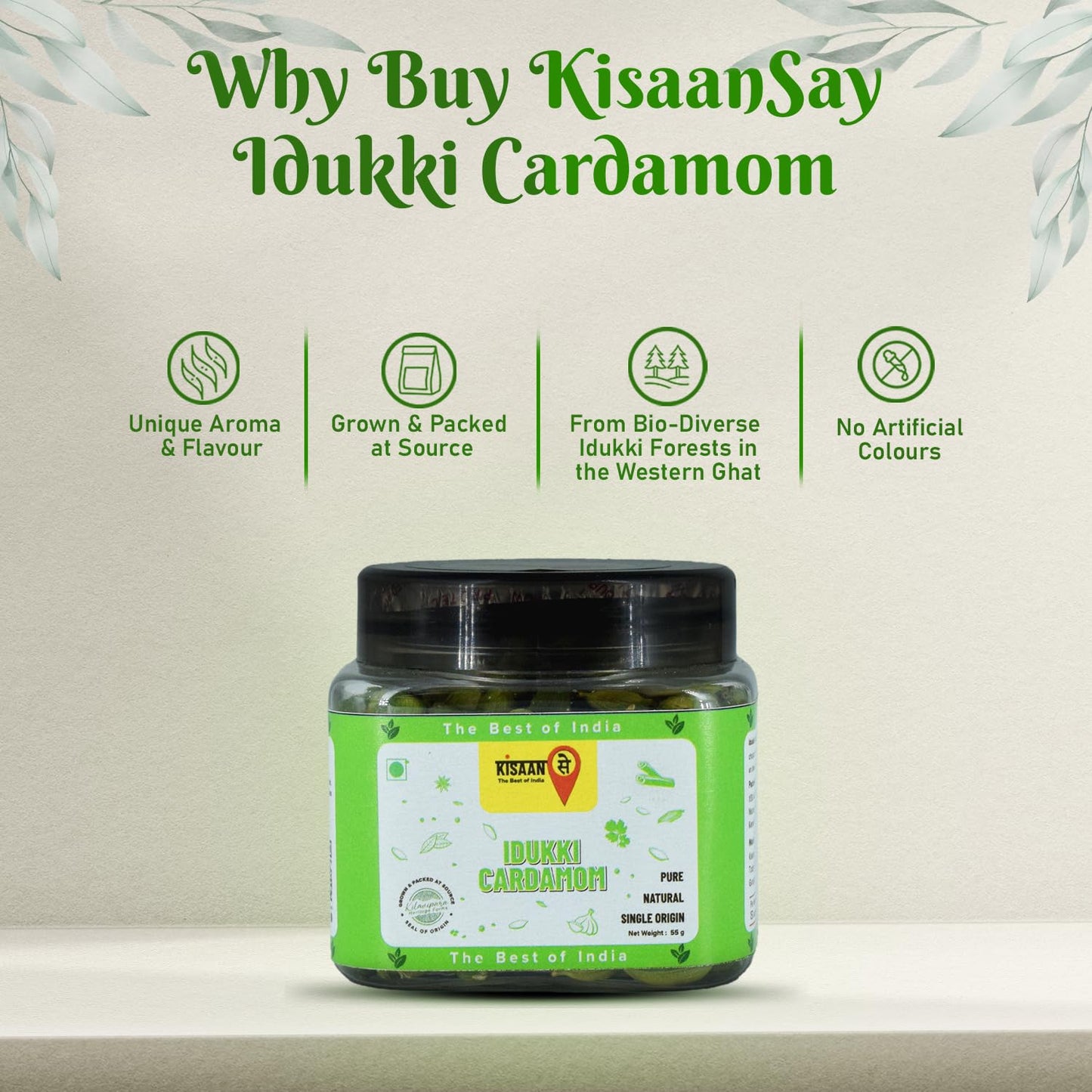 KisaanSay Idukki Cardamom 50 gm Bold Size (7 to 8 mm) | Bold Size | Pure Elaichi | Natural | Distinctive Flavour & Aroma | No Artificial Colors