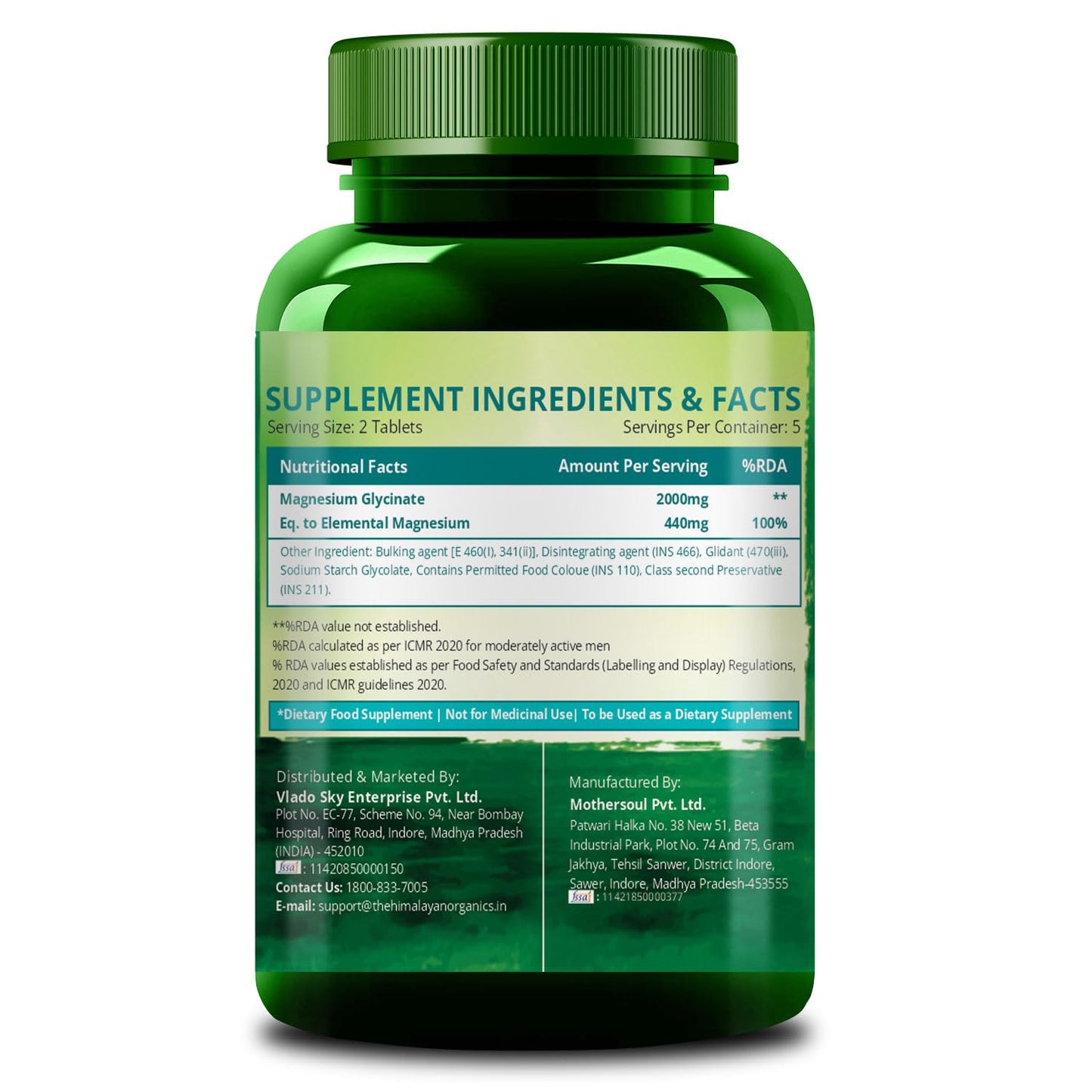 Vlado's Himalayan Organics Chelated Magnesium Glycinate Supplement 2000mg - Small Pack