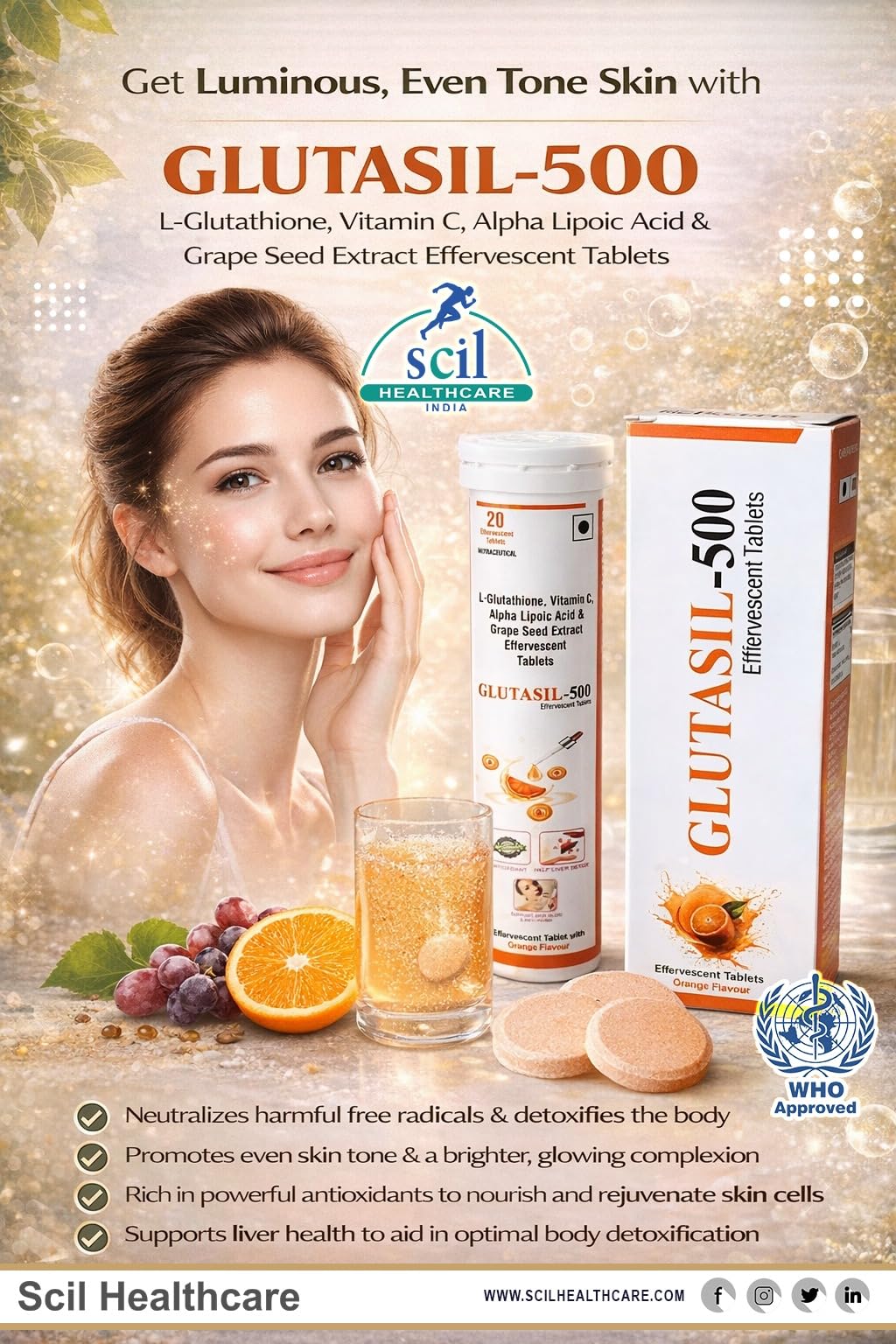 SCIL HEALTHCARE.INDIA Glutasil-500 - L-Glutathione with Vitamin C, Alpha Lipoic Acid & Grape Seed Extract Effervescent Tablets | Refreshing Daily Wellness Drink Supplement