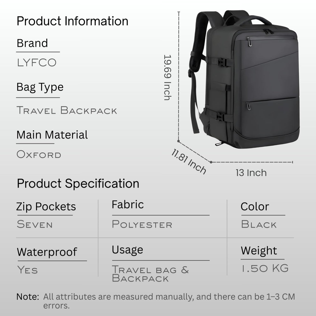 LYFCO Expandable Travel Backpack - Black | For Men & Women | Large Capacity Laptop Bag | Waterproof Oxford Fabric | Shoe Compartment, Wet-Dry Separation & USB Charging | Business & Travel Backpack