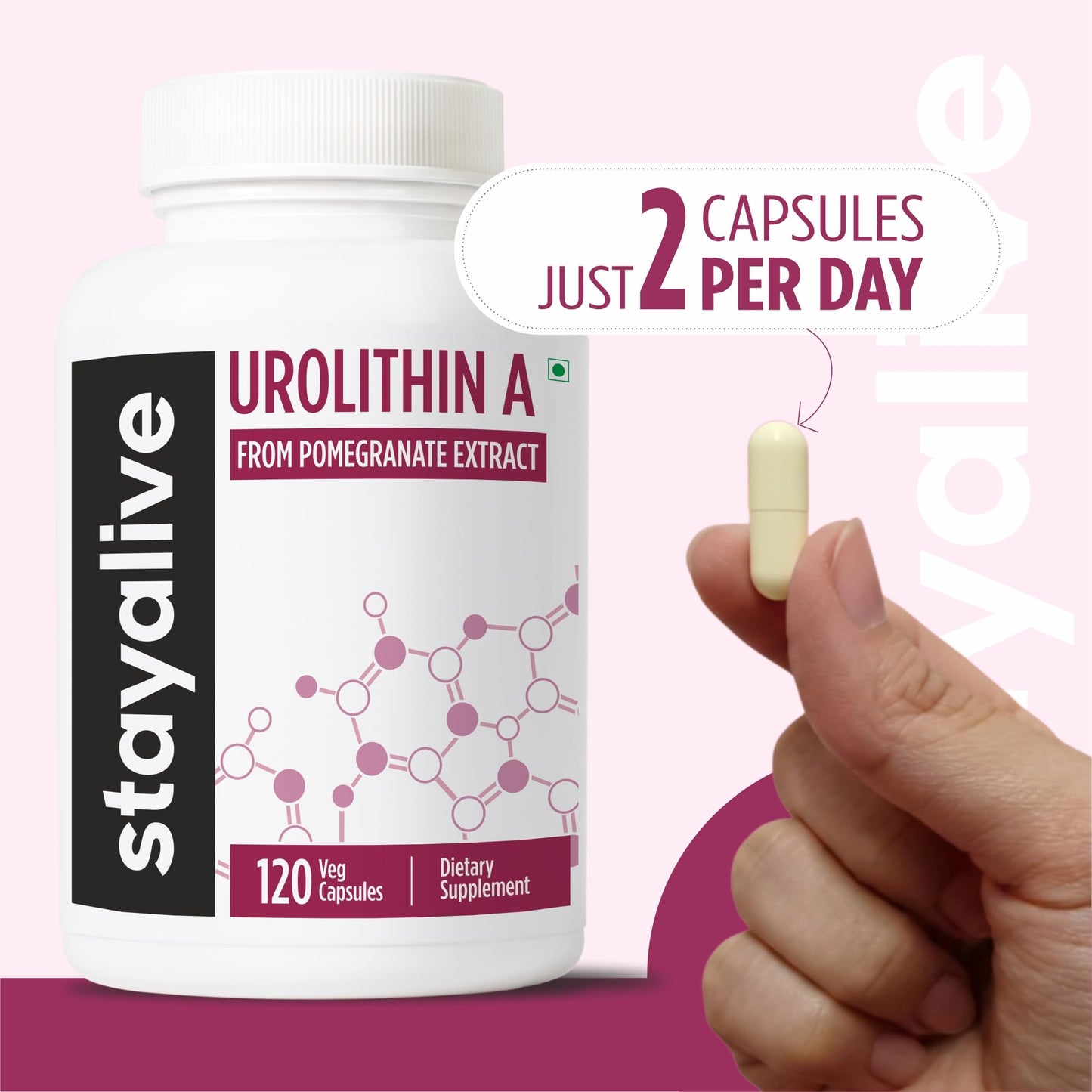 STAY ALIVE Urolithin A Supplement 1000mg, 120 Pills, Pure Mitochondrial Supplement from Pomegranate Extract, Non-GMO and Gluten-Free Urolithin A+ Capsules for Men and Women