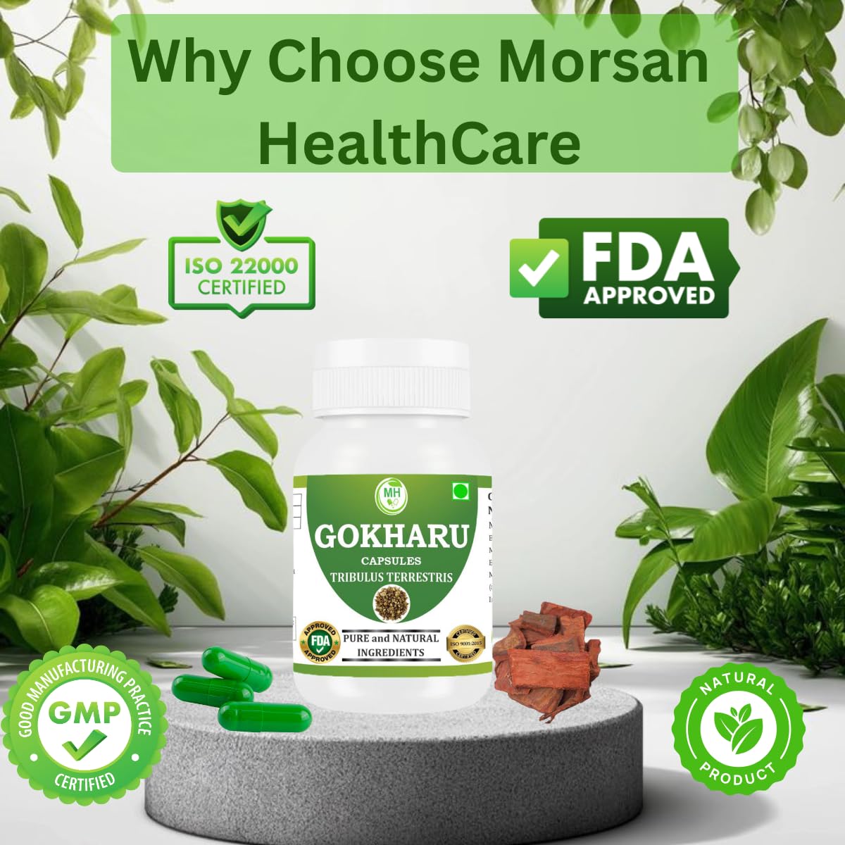 MORSAN HEALTHCARE | Gokharu Capsules | Tribulus terrestris 500mg โ 60 Count | 1 Pack | Vegetarian | Plant-Based | Herbal Supplement | No Artificial Additives | Gluten Free | Organic | natural |